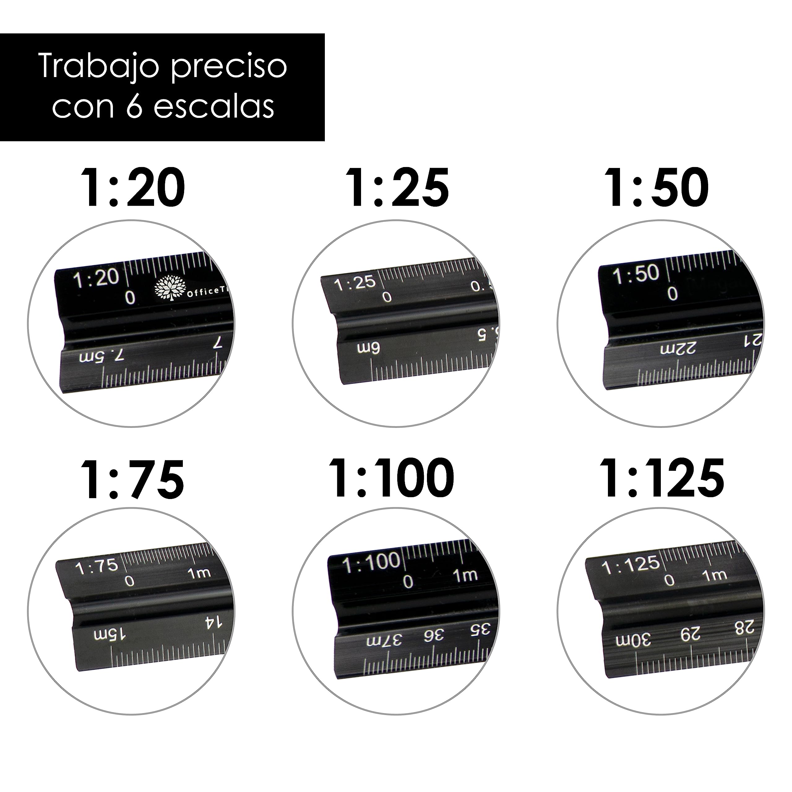 OfficeTree Escalimetro Profesional incl. Portaminas - Regla Triangular 30cm - Escalímetro Escala 1/50 hasta 1/125 - Regla Aluminio - Regla 30 cm - Regla Dibujo Tecnico - Escalimetros