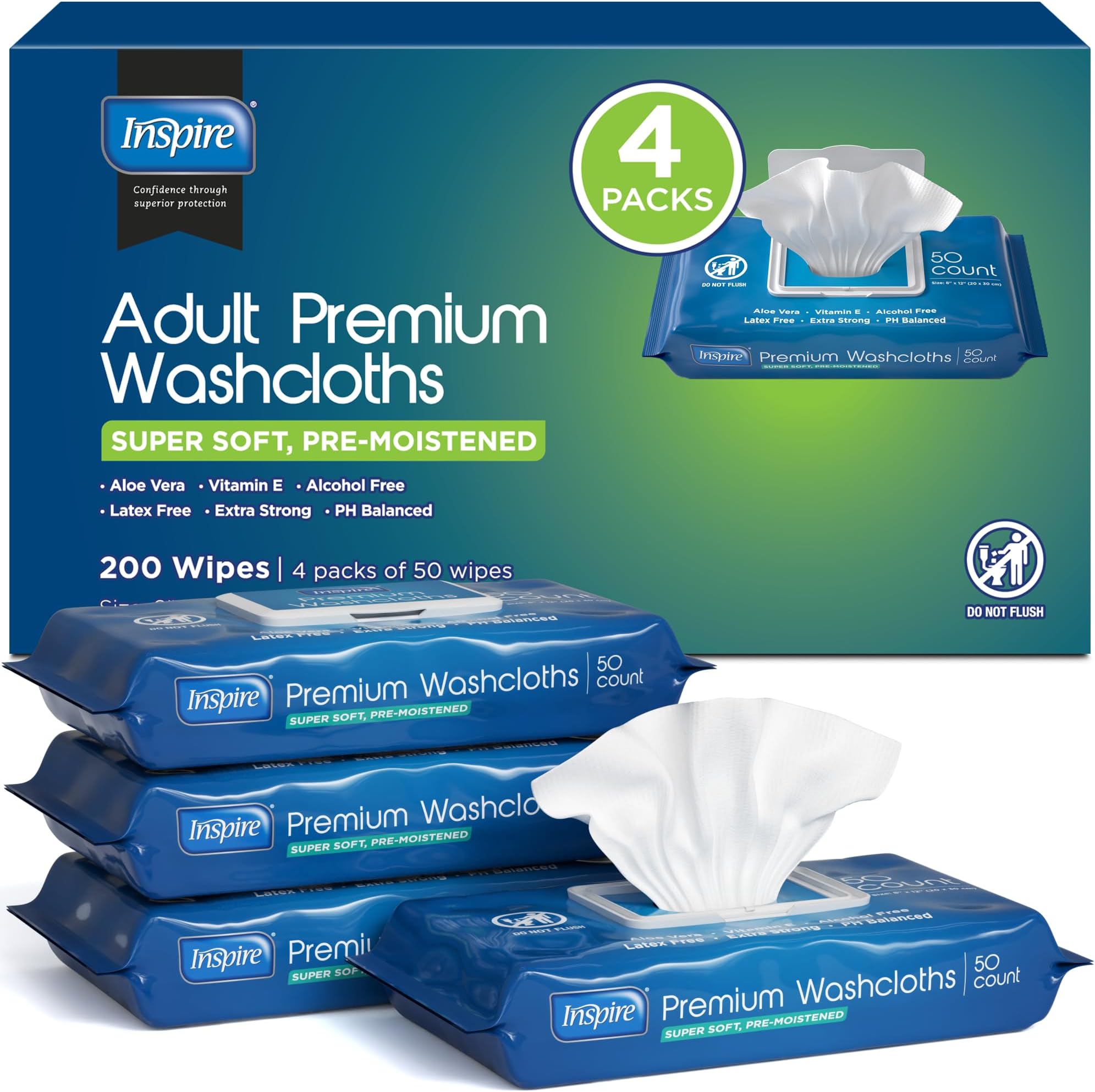 Inspire Adult Wet Wipes/Wash Cloths for Incontinence & Cleansing for Elderly, 8"x12" (200 count)