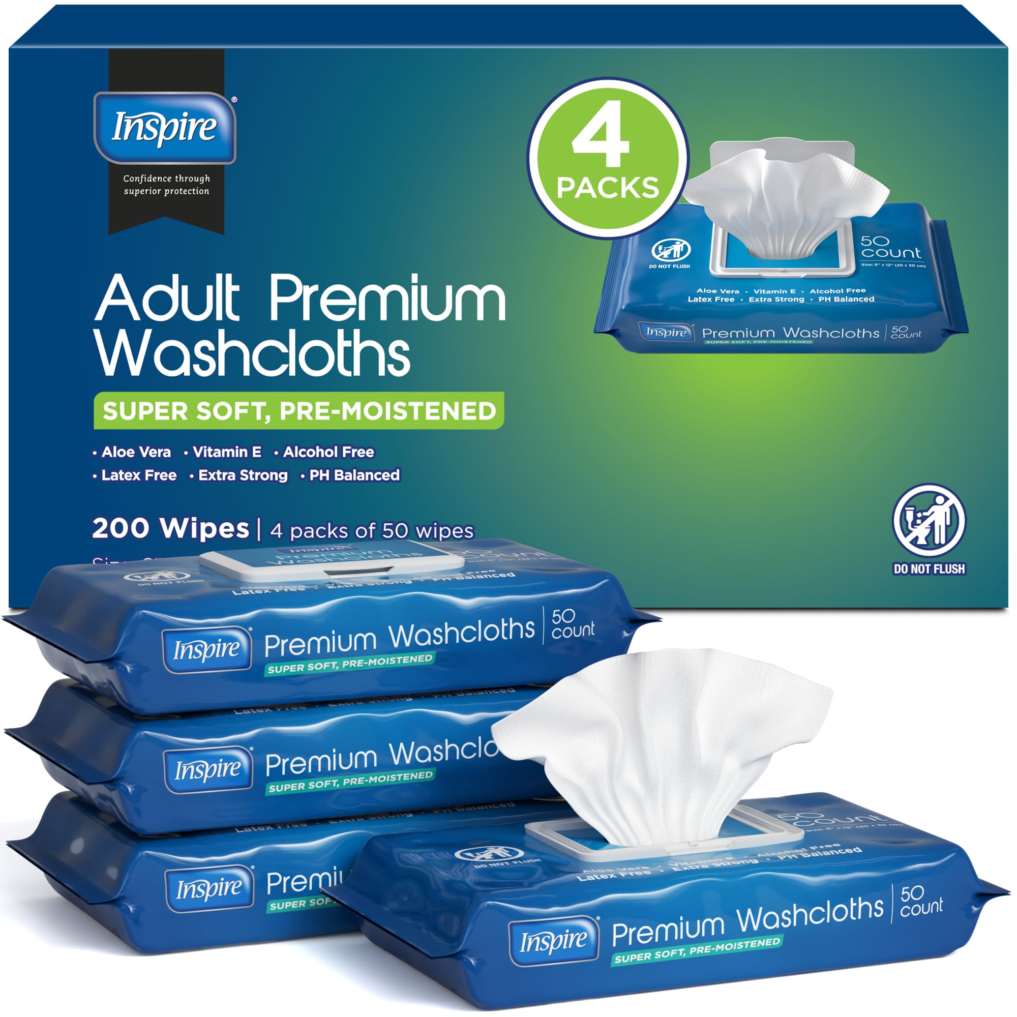 Inspire Adult Wet Wipes, Wash Cloths | Adult Wipes for Incontinence & Cleansing for Elderly, 8"x12" (200 count)