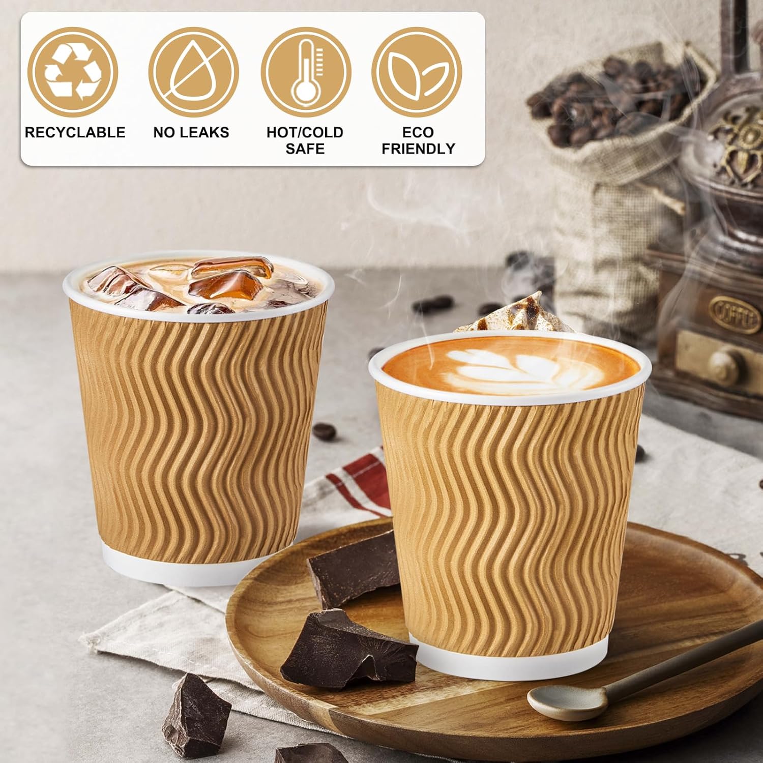 SIUQ 8 oz Coffee Cups - 150 Pack, Insulated Disposable Paper Cups 8 oz, Corrugated Ripple Wall Cups for Hot Beverage or Cold Drinks (Champagne) - Image 4