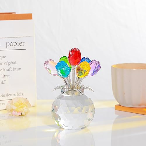 Miniatura 3 de Figura de cristal de flores de rosas coloridas con jarrón, ramo de flores, regalo para esposa, novia, mujer, flor de cristal hecha a mano,