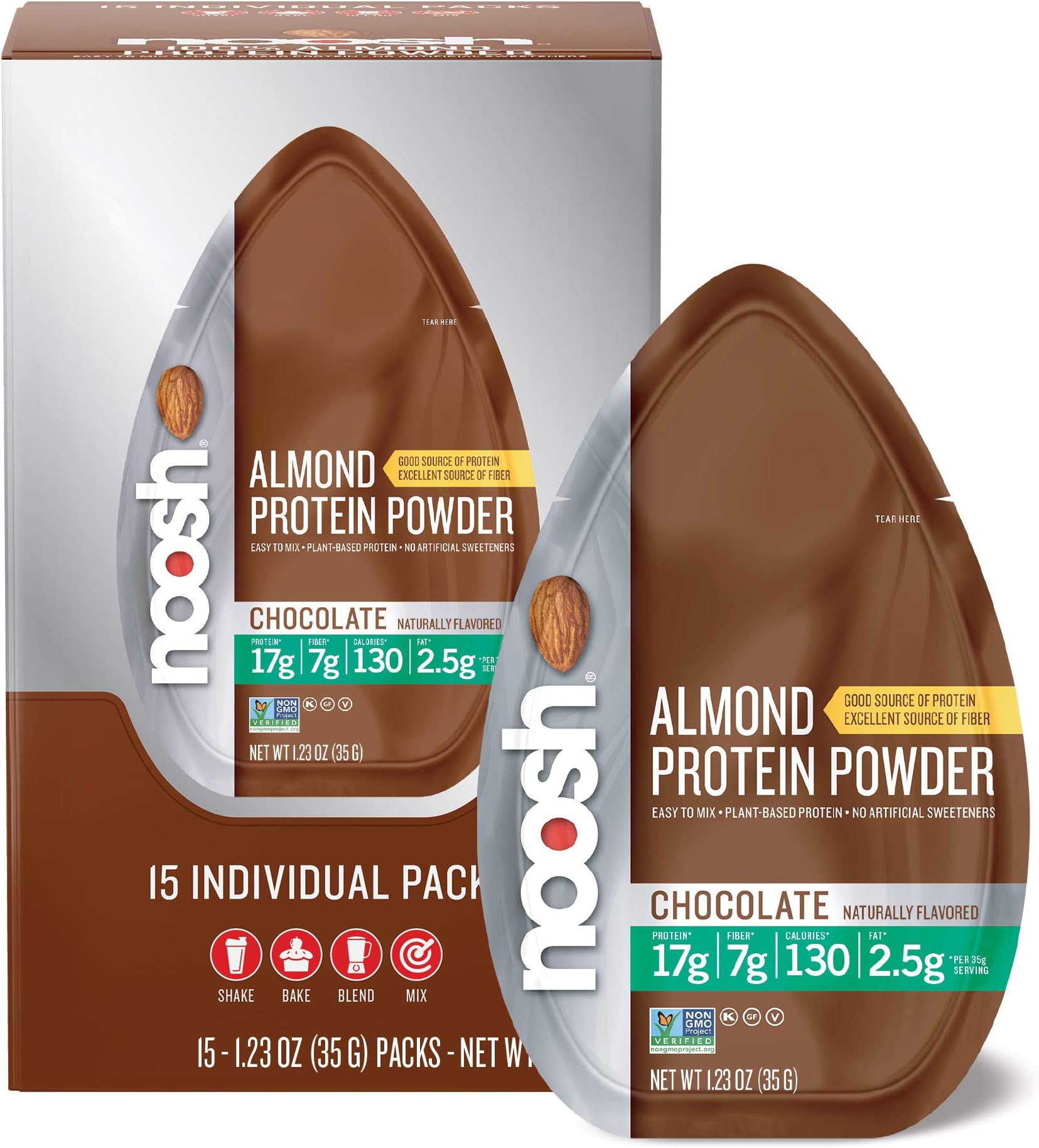 Noosh Almond Protein Powder Single Serve Caddy, Chocolate, 14 Gram, 15 Count