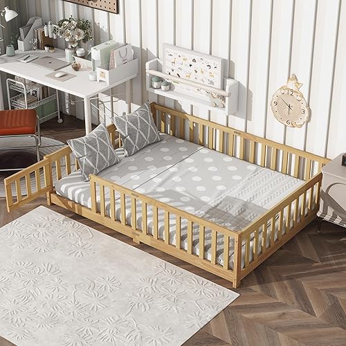 Miniatura 25 de Harper & Bright Designs Cama de suelo tamaño Queen con valla y puerta, marco de cama Montessori de madera para niños, niñas, listones incluidos, no