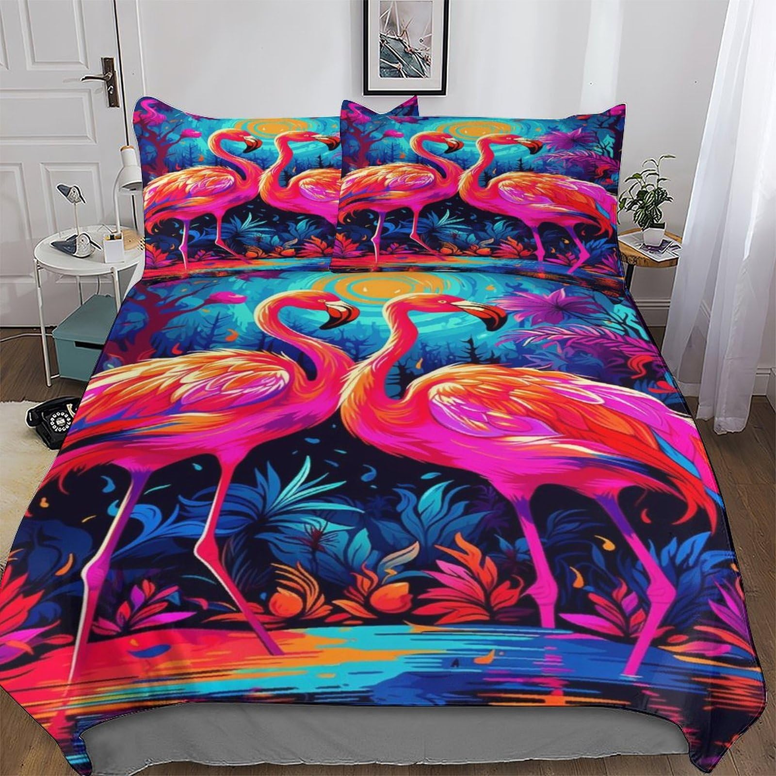 Parure de lit flamant rose 220x240 cm en microfibre avec 2 taies d'oreiller