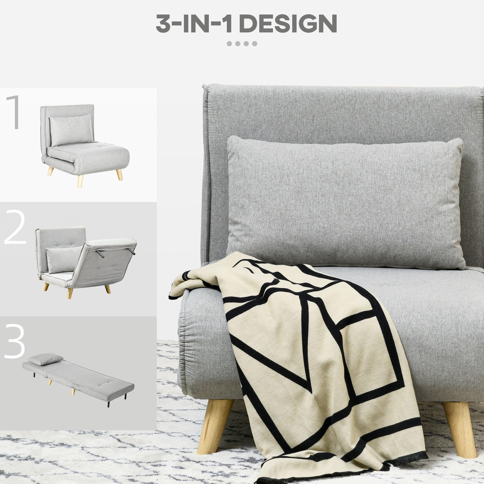 HOMCOM 3 in 1 Schlafsessel Klappbar Schlafsofa mit Bettfunktion Verstellbare Rückenlehne Kissen Gästebett Leinenoptik Relaxsessel 72 x 78 x 79 cm Hellgrau