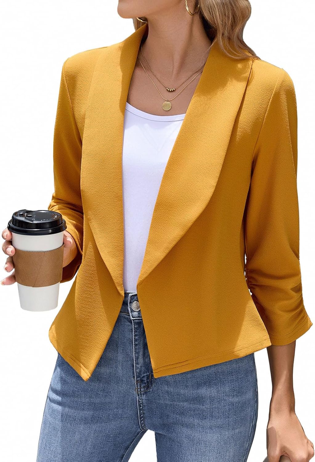 Women's Blazer 3/4 Sleeve Open Front Blazers Slim Fit Casual Work Lightweight Suit Jacket - Image 2