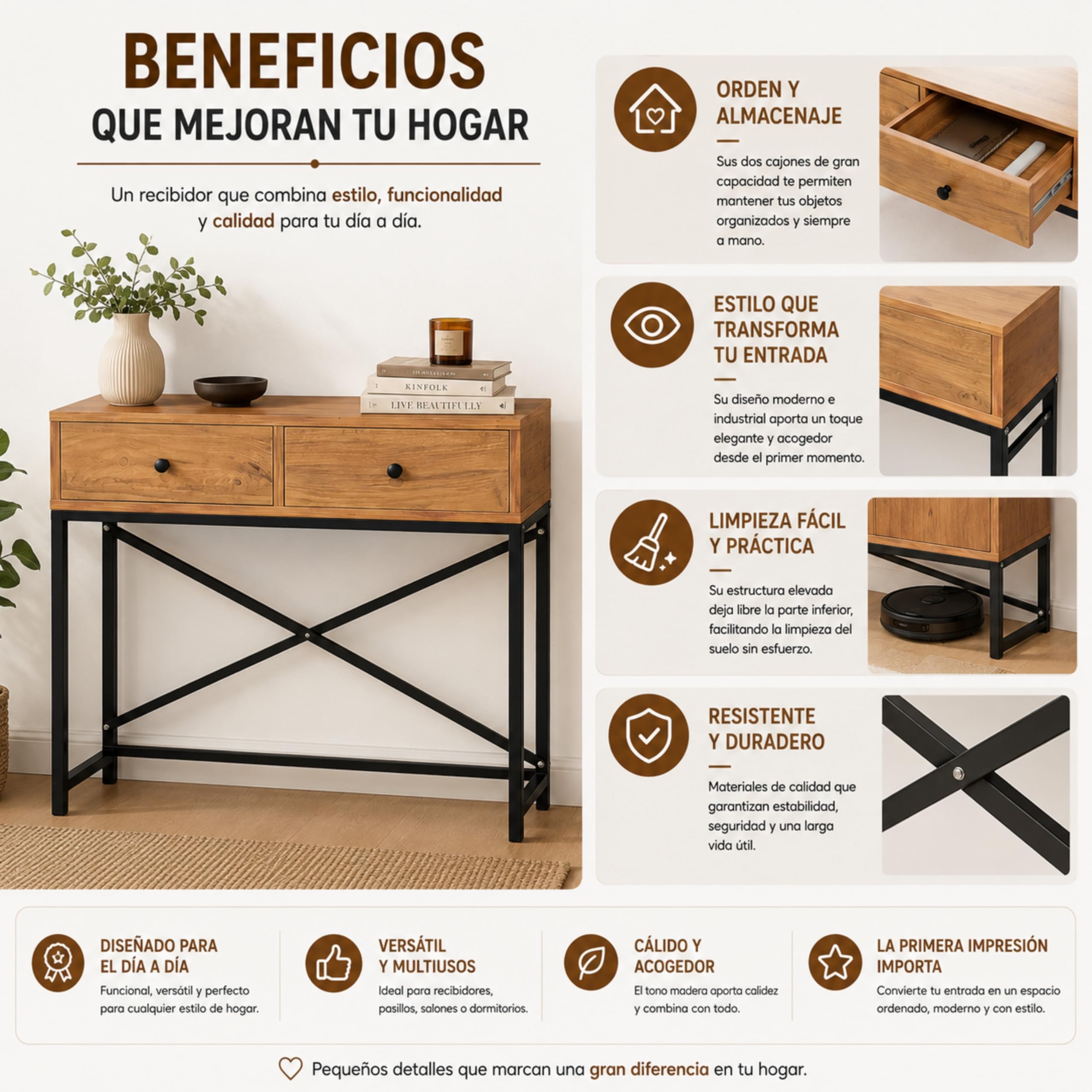 Recibidor Consola Metal y Atlantic Pine con Dos cajones 90 x 32 x 80 cm. Zeus