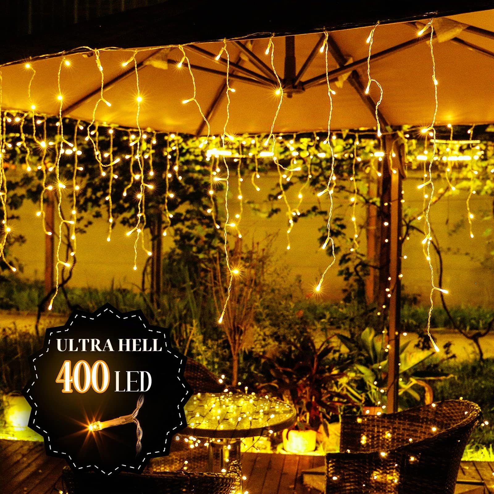 400 LED Eisregen Lichterkette Außen, 10M Erweiterbare Lichterkette Vorhang Fenster mit Timer Innen Strombetrieben 8 Modi IP44 Warmweiß Eiszapfen Lichtervorhang aussen für Traufe Garten Balkon