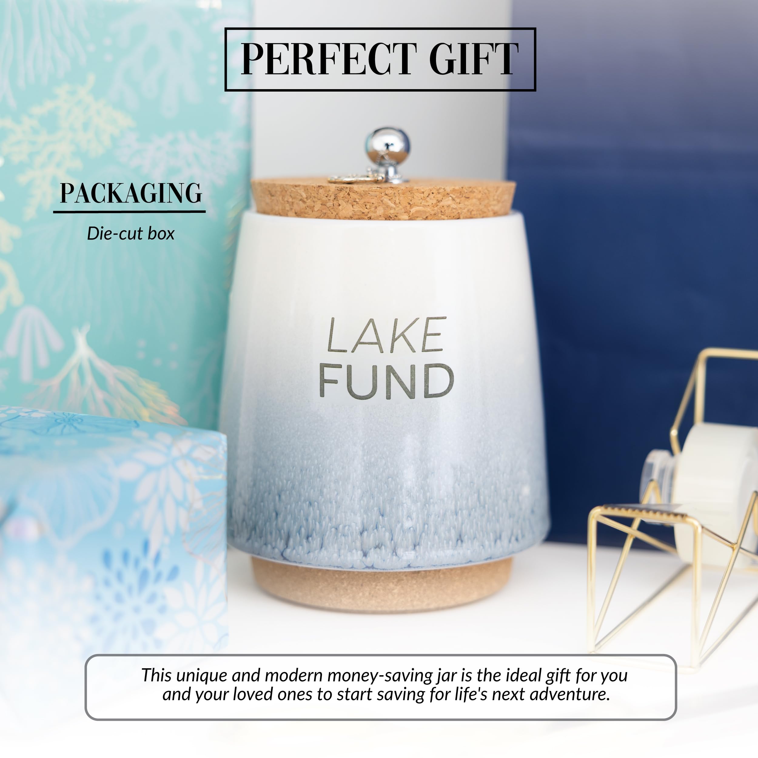 Pavilion Gift Company - Lake Fund - Salvadanaio in ceramica da 16,5 cm, con base in sughero, coperchio in sughero e ciondolo a forma di ancora, blu sfumato