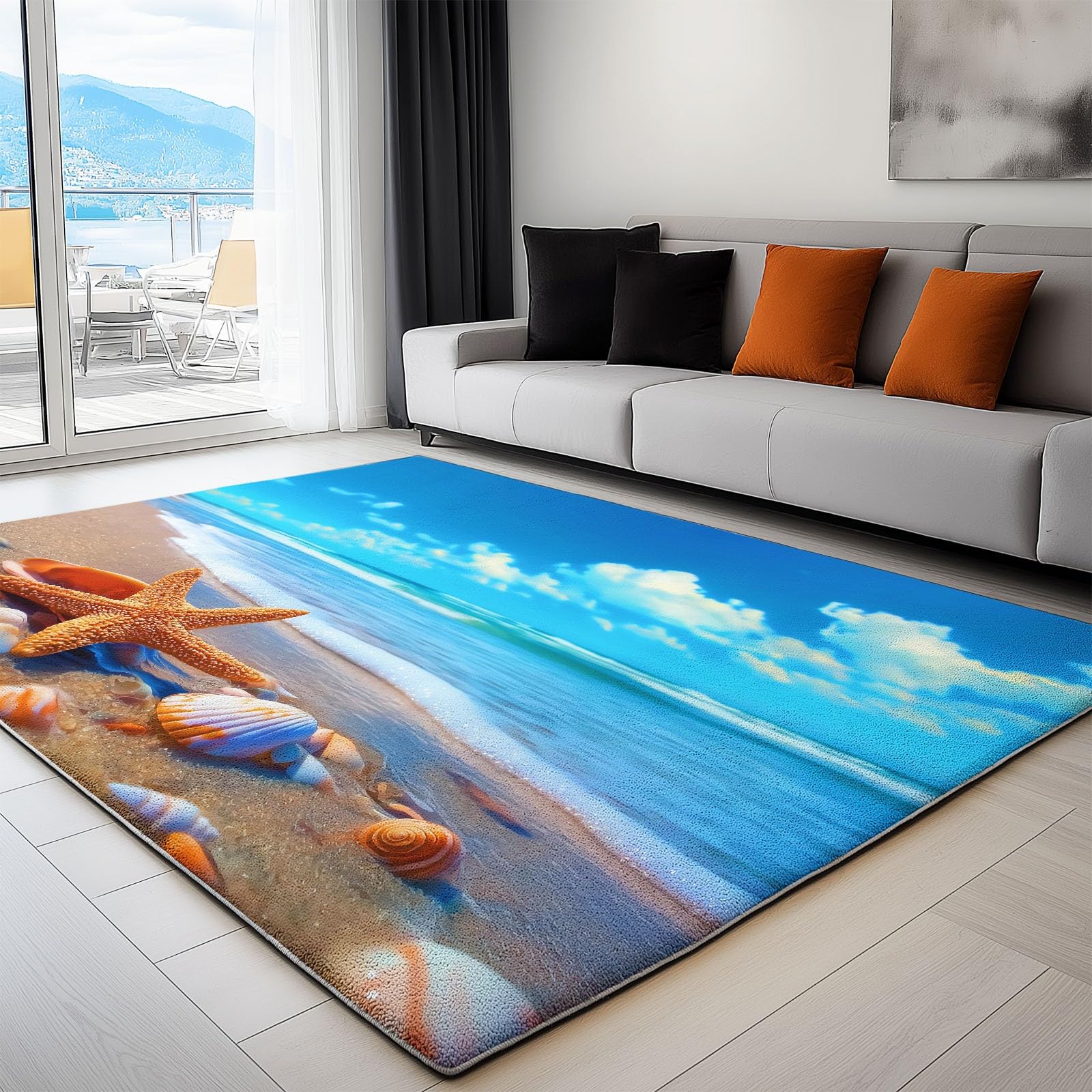 Tapis bleu marine 160x230 cm imprimé étoile de mer pour salon et cuisine