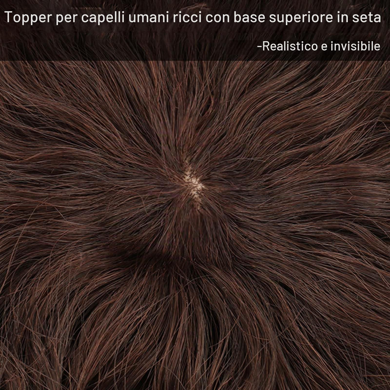 Topper per capelli veri ricci in seta da 3,5"x3,5" per donne con capelli radi, clip corta da 6" per cuoio capelluto realistico, pezzi superiori per uso quotidiano (marrone scuro)