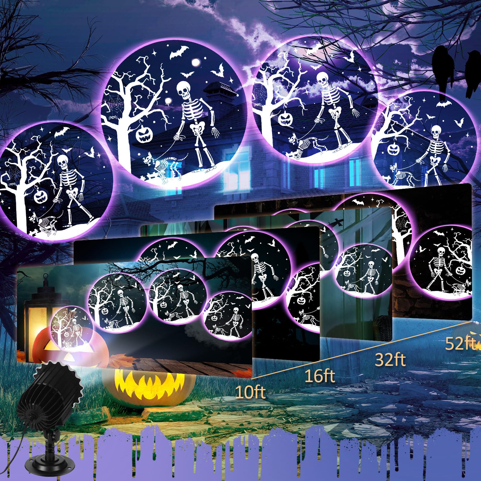 Projecteur d'Halloween avec 1 diapositives de film - Projecteur LED - Réflecteurs d'extérieur - Étanche - Rotation décorative - Éclairage rotatif - Lampe de projection de mouvement (squelettes