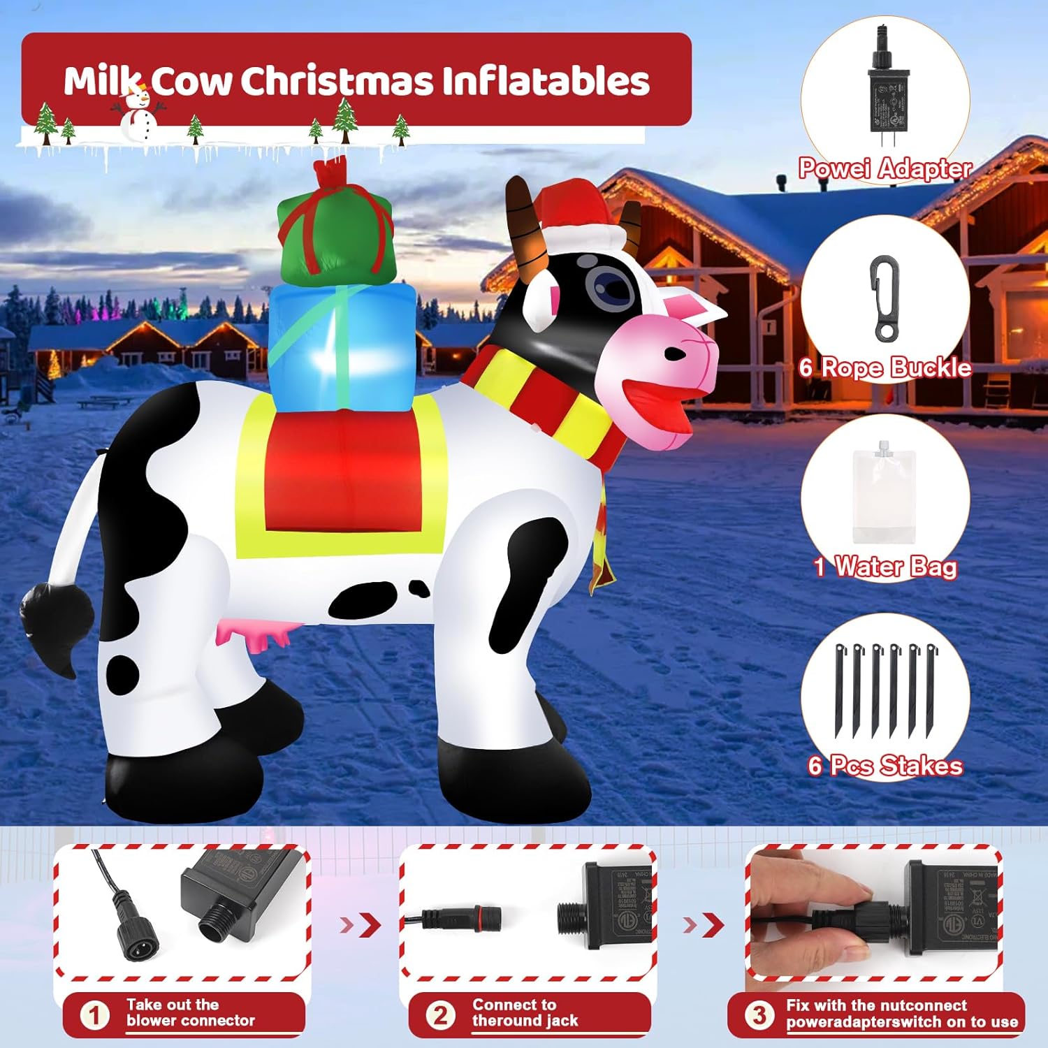 6 FT Outdoor Milk Cow Christmas Inflatables Decorations with Built-in LED Lights, Blow Up for Yard, Roof, Lawn - Image 4