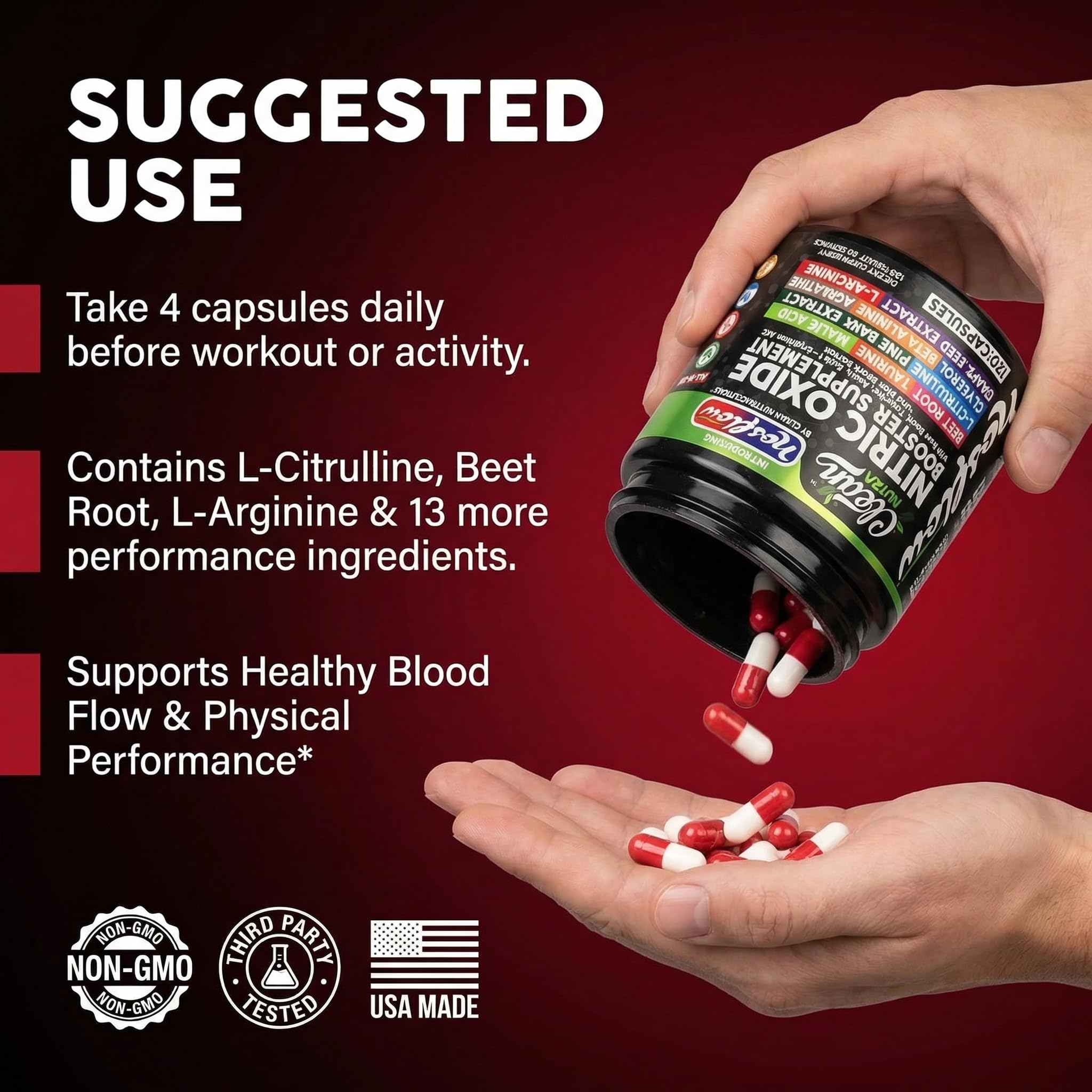 NosFlow Nitric Oxide Supplements for Men | Beet Root Taurine L-Arginine Malic Acid L-Arginine L-Citrulline Pine Bark Glycerol Agmatine Grape Seed Vitamin C B12 B3 By Clean Nutra — Amazon image 6
