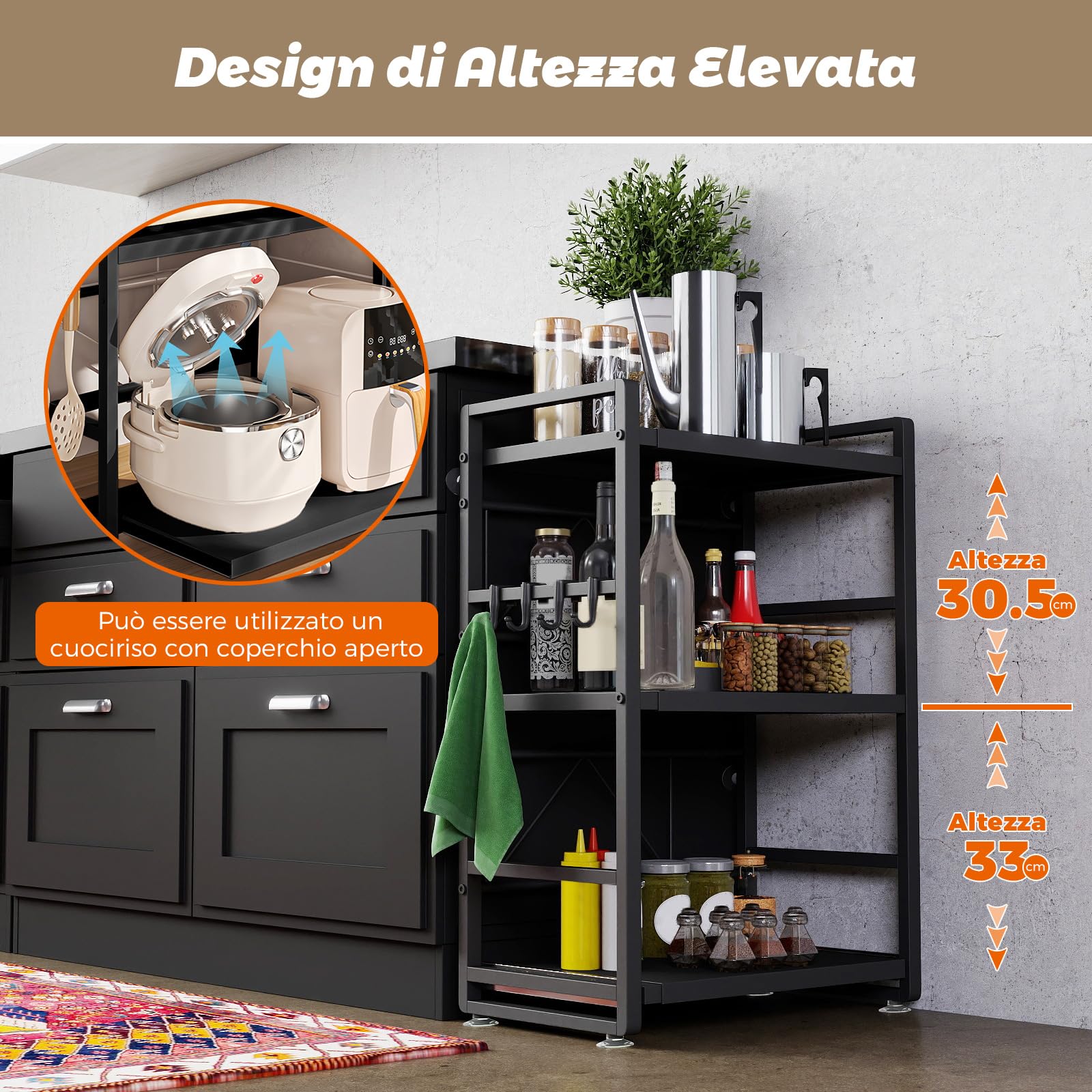 Scaffalatura per microonde a 3 ripiani, regolabile in altezza ed estraibile, con cassetto, in acciaio al carbonio, con ganci e ventose di rinforzo, scaffale da forno (nero)