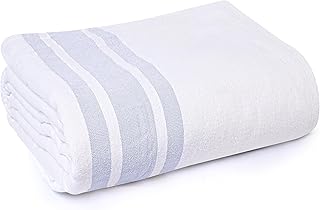 Linteum Textile Cotton Blended Hospital Patient Bath Blanket, Bed Bath Sheet, Twin Blanket Lightweight Sheet Blankets 70x90 in, 1.75 lb. White with Light Blue Stripes