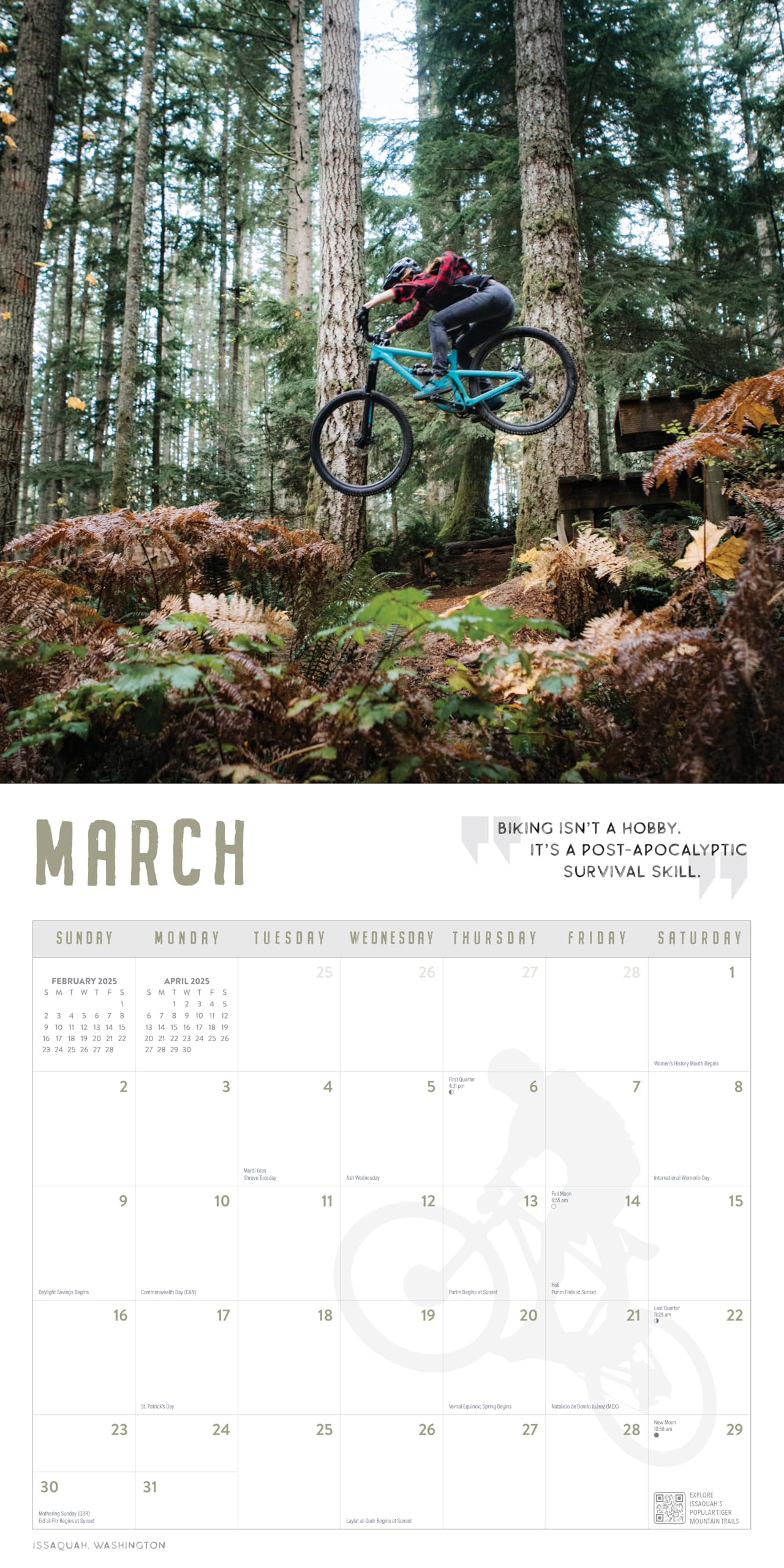 Mountainbike-Kalender 2025 | 30,5 x 61 cm interaktiver Wandkalender für 12 Monate | Marble City Press | Berge Trail Bikes Landschaft