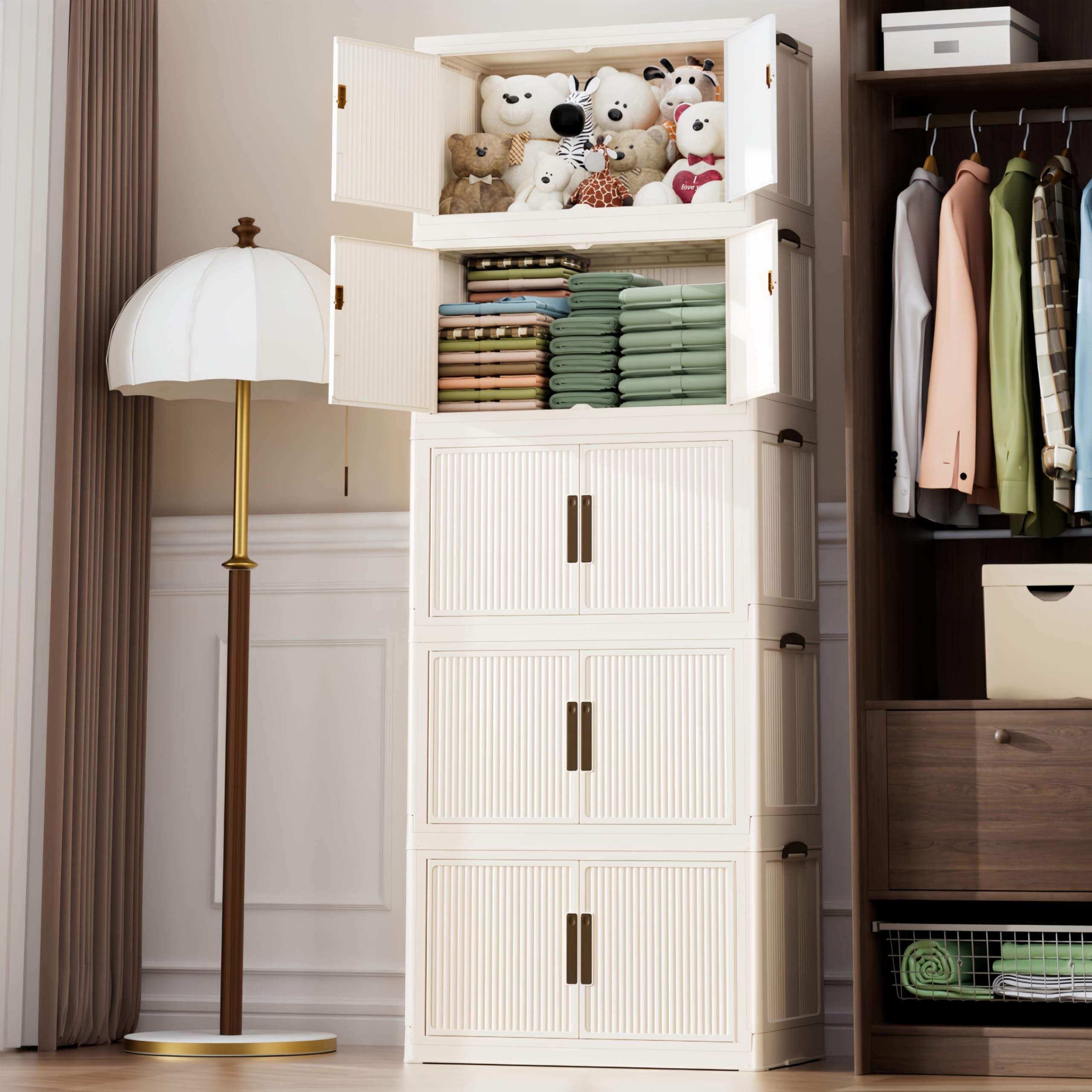 520QT/130GAL Stackable Storage Bins with 1 lid, Closet Organizers and Storage Drawer Foldable Storage Bins Container with Door Foldable Storage Box for Home,Office, Dorm Room(104Qt X 5)