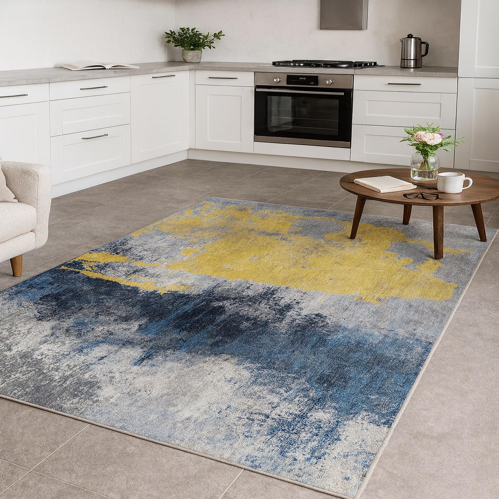 Tapis de décoration 80 x 120 cm moderne abstrait jaune gris bleu pour le salon