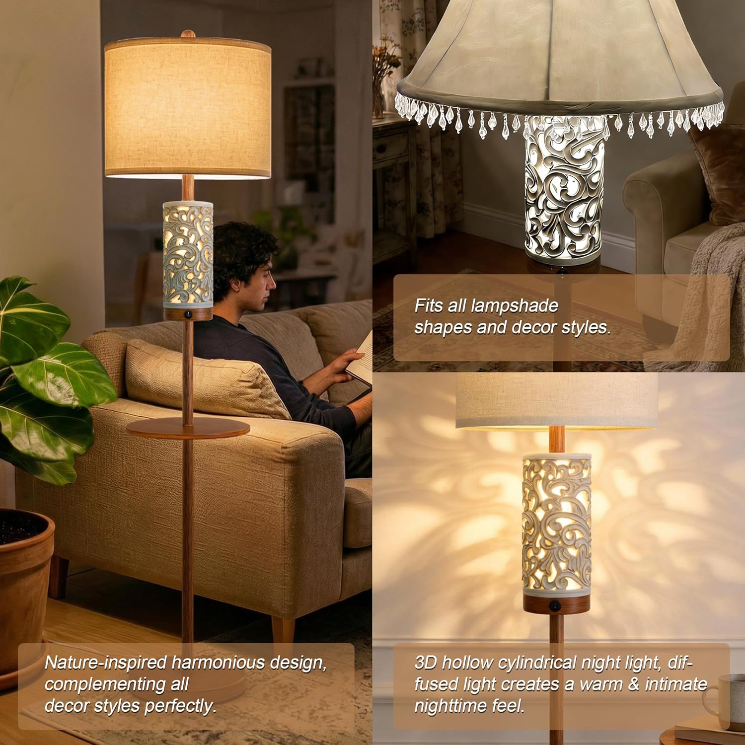 OYEARS Dimmable Farmhouse Floor Lamp for Living Room, 2-in-1 Rustic Floor Lamp with Main&Night Light,Linen Shade&Dual Switches, 65" Standing Lamp for Bedroom Office Corner Dining Room, Wood Pole Lamp