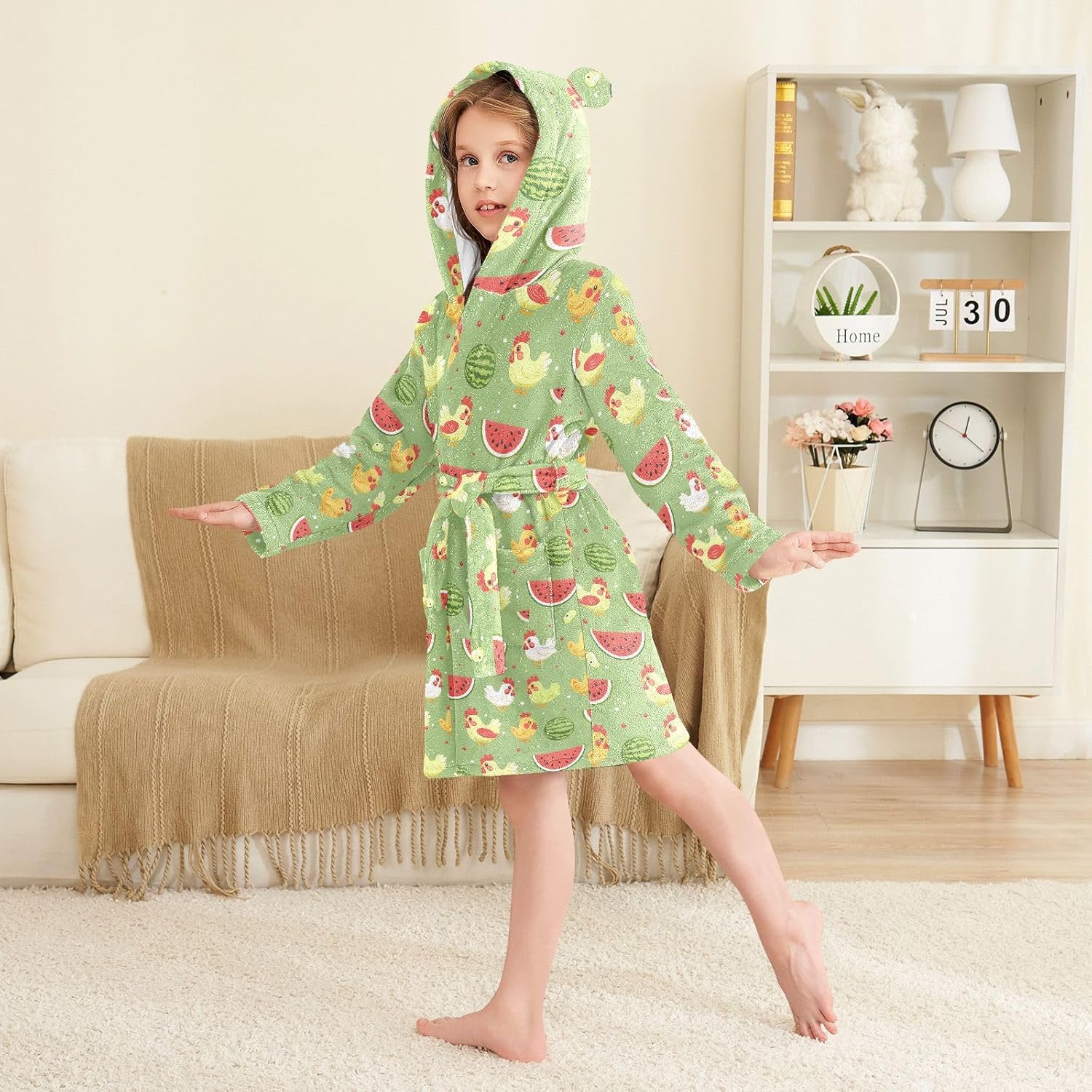 senya Chicken Eat Watermelon Toddler Hooded Bathrobe Kids Soft Plush Bath Towel Robes for Boys Girls 2-12 Years