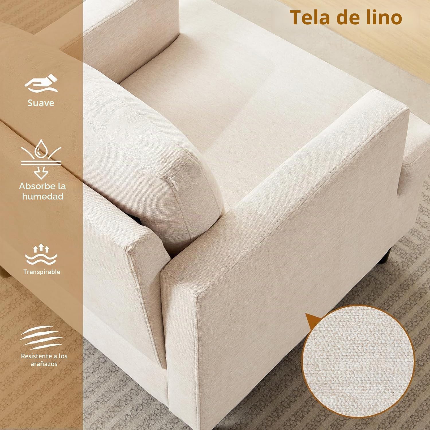 Sillón de sala de estar, sillas modernas de mediados de siglo, cómodas tapizadas de tela de lino, silla individual, silla de lectura para dormitorio con patas de madera maciza (76D * 86S