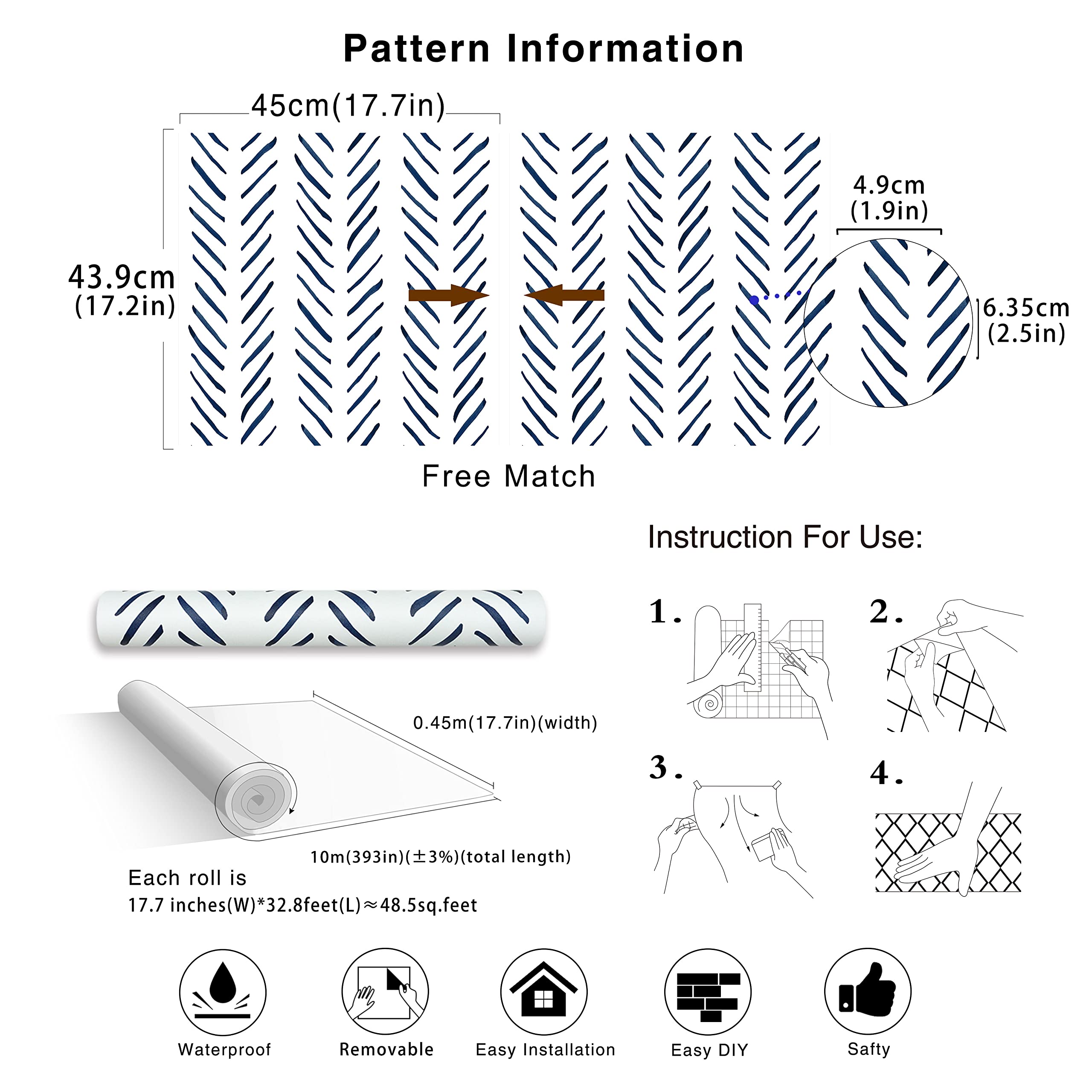 HaokHome 96101-1 Modern Brush Strokes - Papel pintado autoadhesivo de vinilo con diseño de rayas, color azul marino y blanco Chevron (17.7 x 33.7 pies)