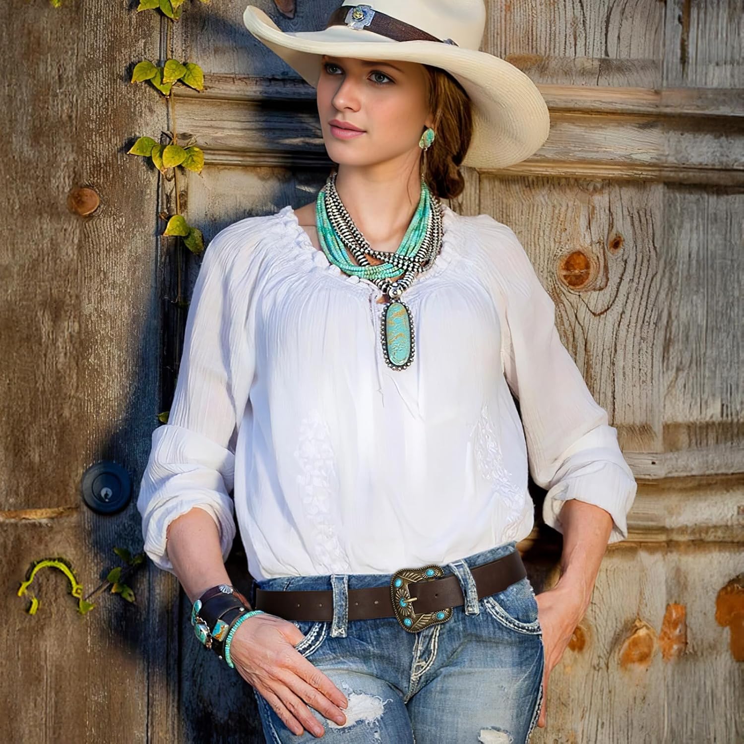 SANSTHS Western Belt For Women, Womens Cowboy Belt For Pants Jeans With Vintage Floral Carved Design - Image 5