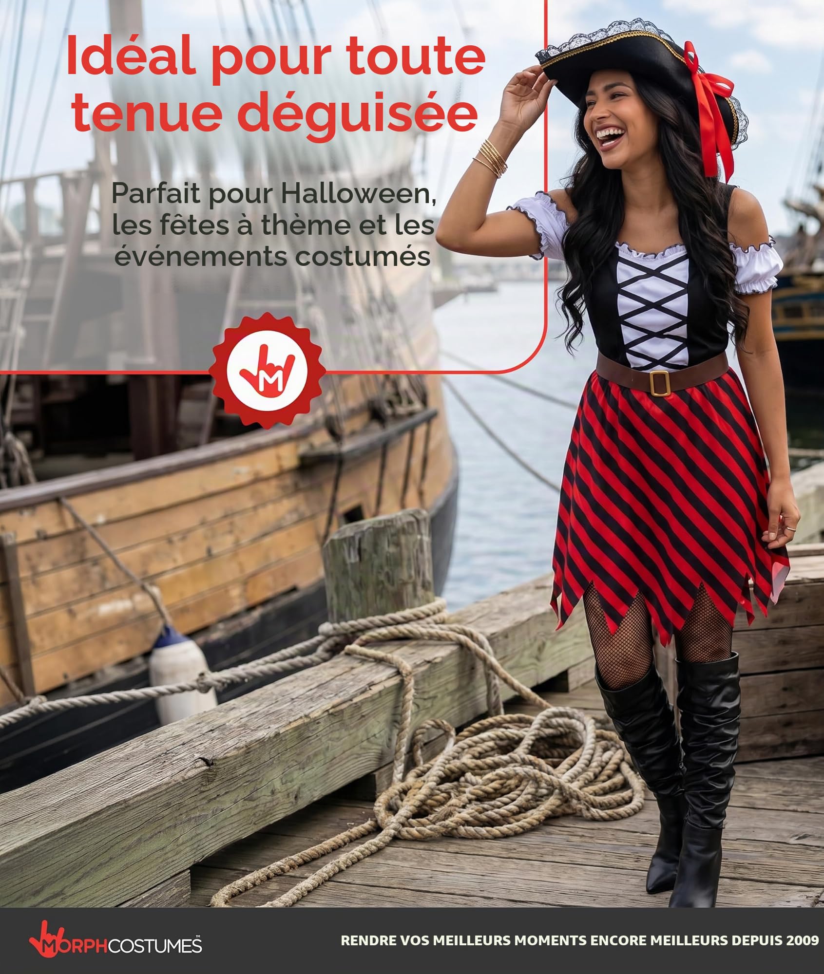 Morph Deguisement Pirate Femme, Costume Pirate Halloween Femme | Chapeau Tricorne, Robe & Ceinture, Look de Pirate, Parfait pour Halloween, Idéal pour se Déguiser