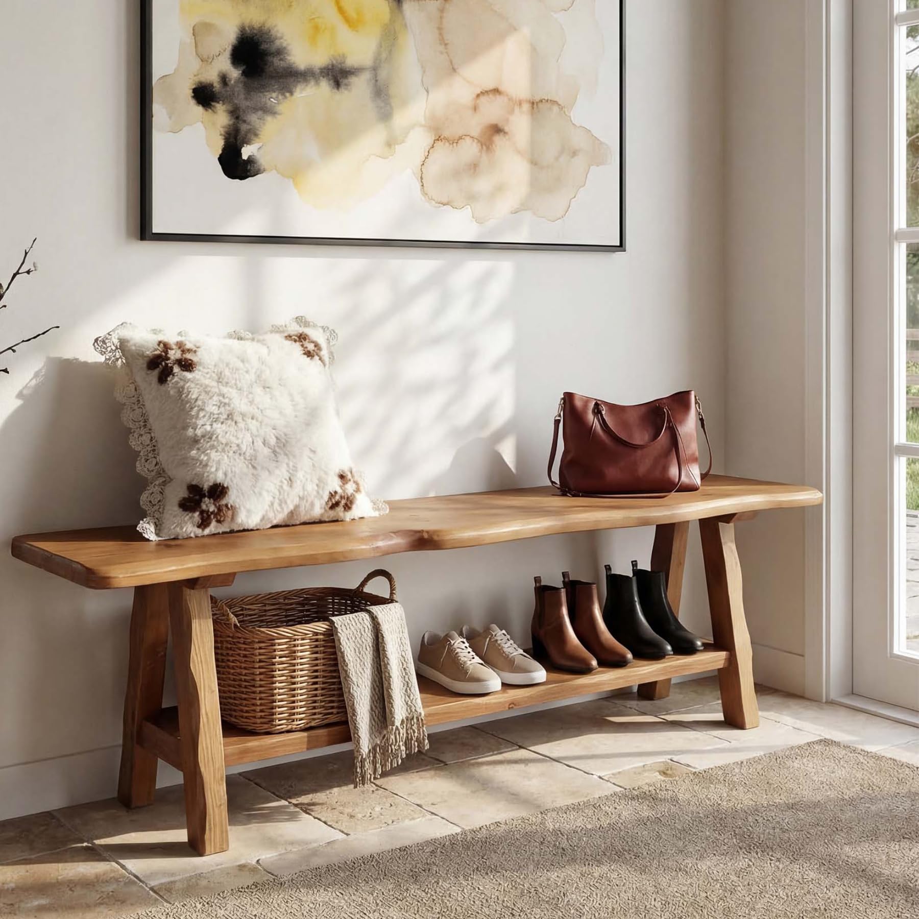 55-Inch Solid Wood Entryway Bench, Farmhouse Long End of Bed Bench with Live-Edge, Indoor Dining Seat for Entrance, Bedroom, Living Room, Dining Room, Easy Assembly, Brown