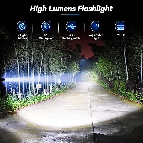 Miniatura 2 de Sigoobal Linterna recargable, paquete de 2 linternas superbrillantes de 150000 lúmenes altos, 7 modos con luz de trabajo COB, IPX6 impermeable,