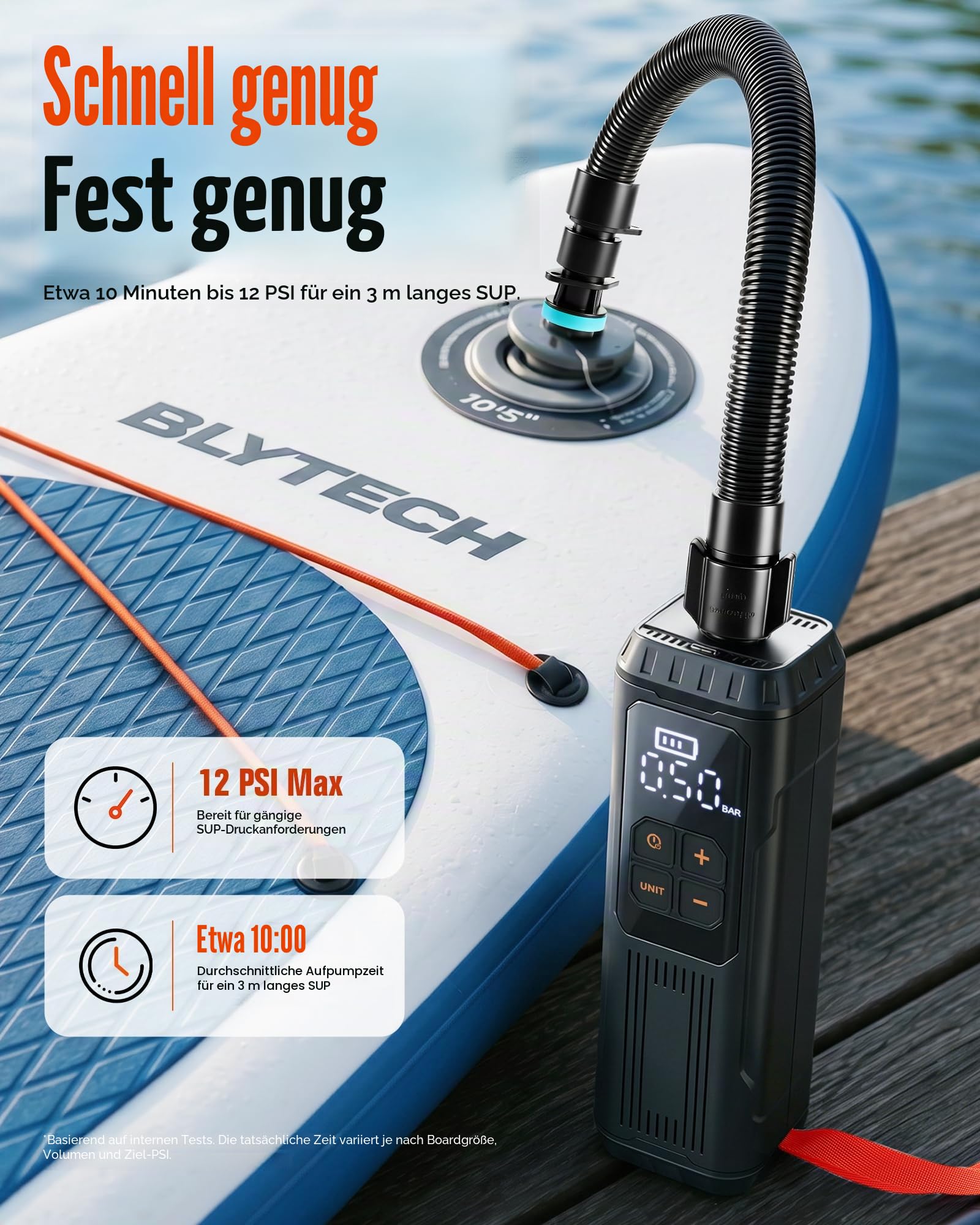 Mini Paddle Board Pumpe, Tragbare SUP Luftpumpe mit Akku, Leichte Elektrische Inflator 12PSI Automatische Abschaltung, USB-C Wiederaufladbar für Paddle Boards, Kajak, Pool Floats
