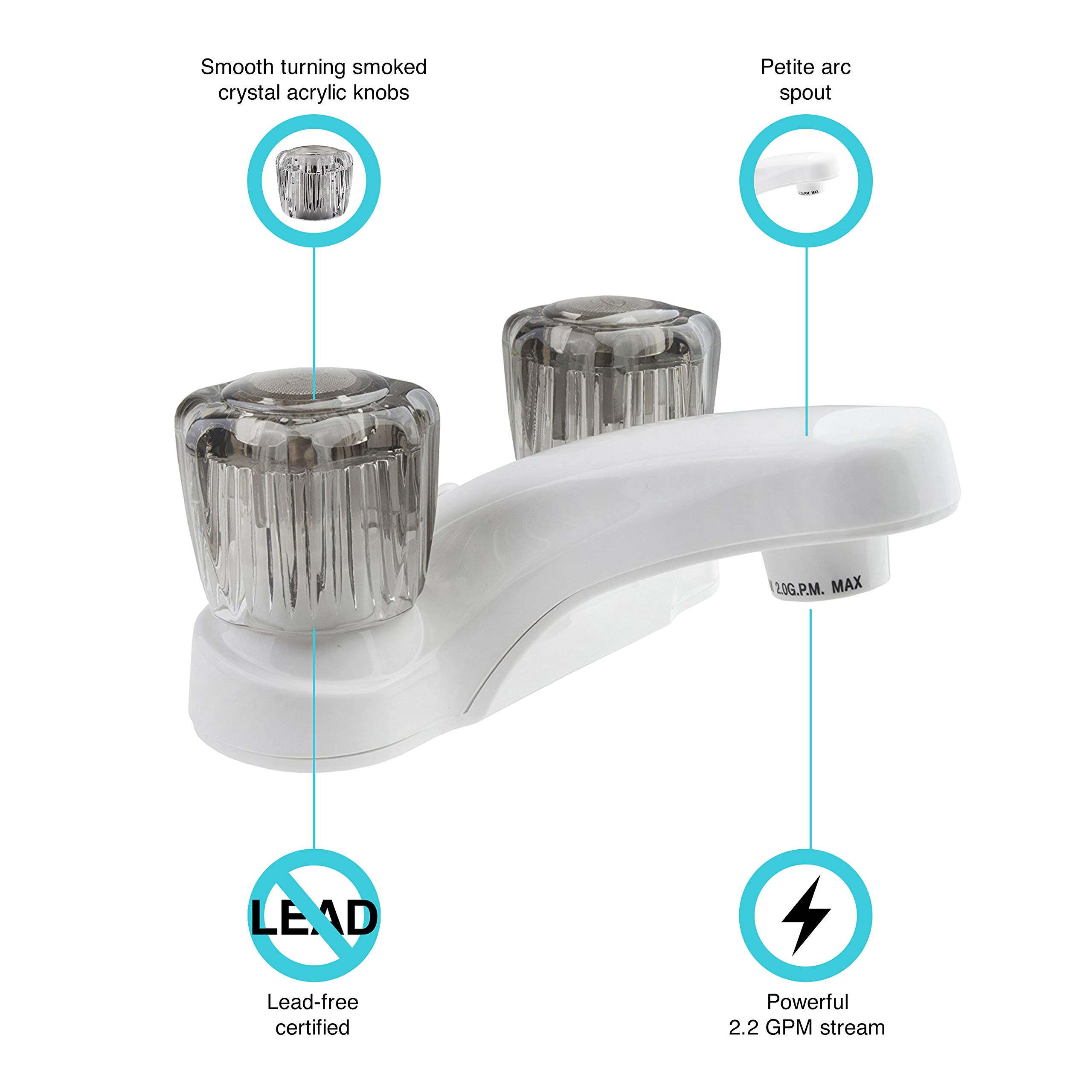 Dura RV Lavatory Faucet With Smoke Acrylic Handles – White, PL700S-WT, Free Shipping