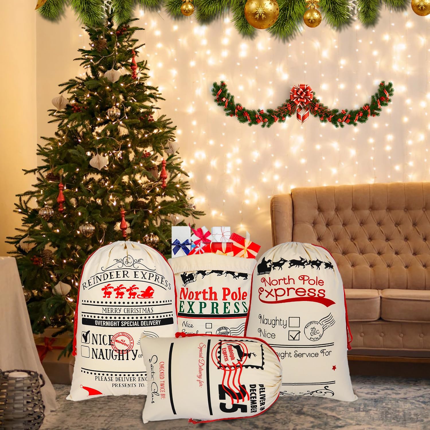 Dvaorc 8 Pack Large Christmas Bag with Drawstring Santa Sacks 27.5 X 19.5 Inch Xmas Gift Bags Xmas Canvas Cotton Sack Christmas Gift Bags Xmas Package Storage Bags - Image 3