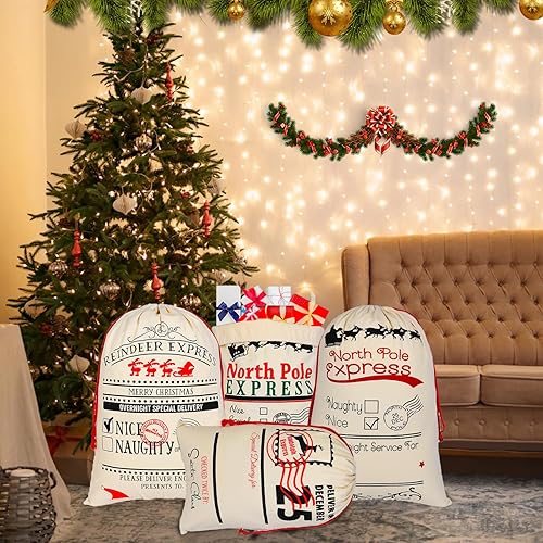 Miniatura 3 de Paquete de 8 bolsas grandes de Papá Noel con cordón, bolsas de regalo de Navidad de 27.5 x 19.5 pulgadas, bolsas de lona de algodón, bolsas de