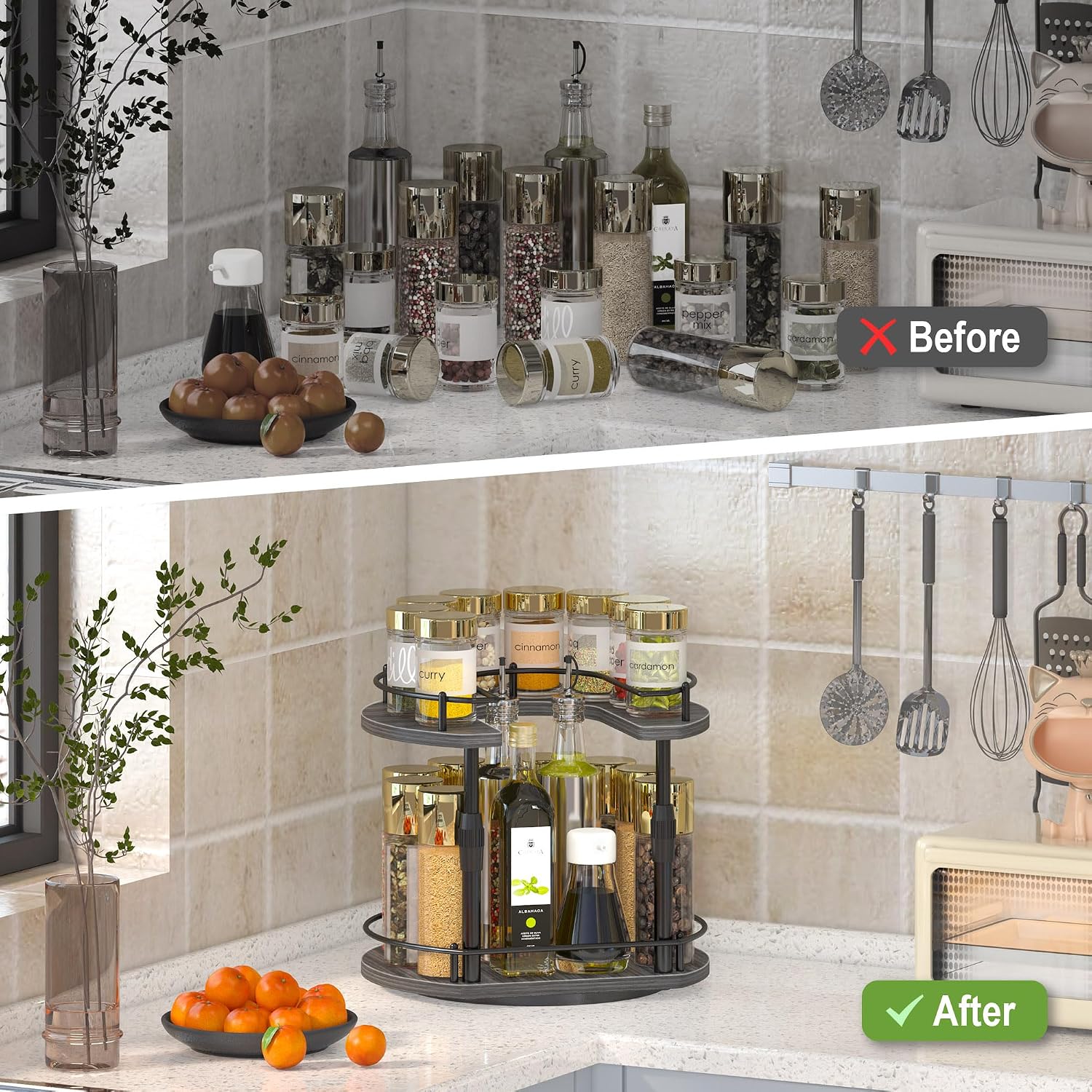Across-Star Lazy-Susan-Spice-Rack -Organizer For Cabinet With Adjustable Height, 12 inch Rotating Seasoning Holder Spice Organization For Pantry, 2-Tier Kitchen Counter Shelf Countertop Organizer