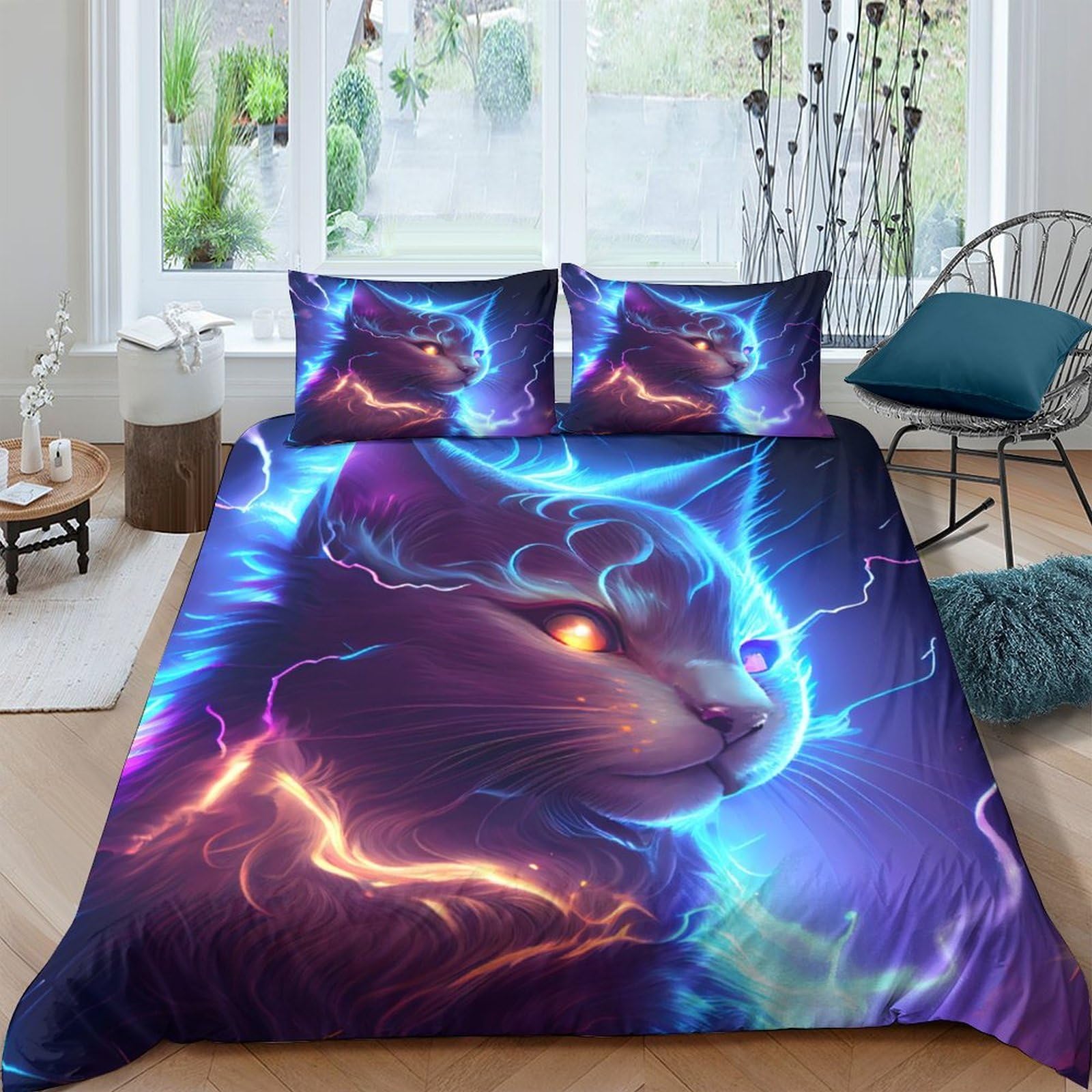 Ctjqhvkz Style-8 3D Printed Electric Cat Fitted Sheet Microfiber Soft Breathable Neon Aura Bed Cover For Bedroom Guest Room Decor Single（135X200cm）
