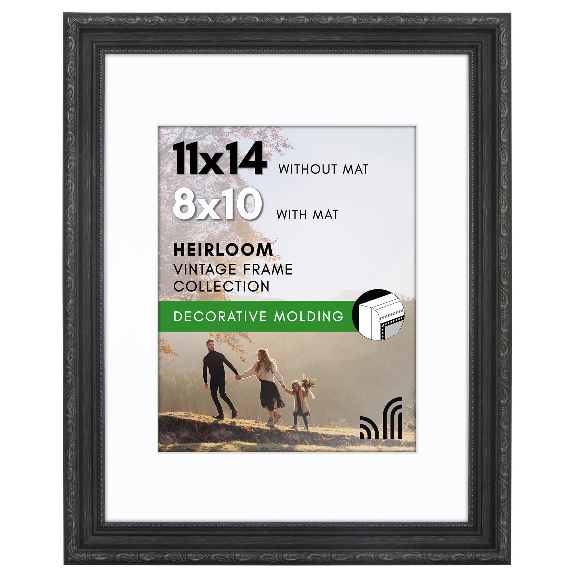 Americanflat 11x14 Picture Frame with Shatter-Resistant Glass - Use as 8x10 Frame with Mat or Display 11x14 Photo Without Mat - Vintage Frames for Wall Display - Black