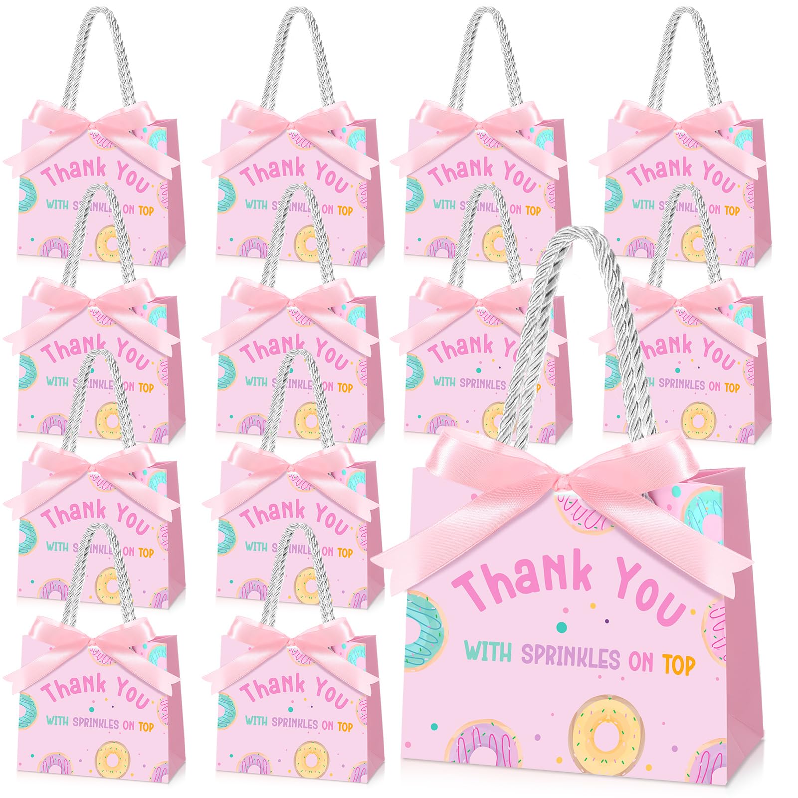 Kolldenn 25 Pack Donut Gift Bags Bulk 5.5 x 2.4 x 4.7 Inches Thank You Pink Goodie Treat Bags with Handles and Bow Ribbon for Girl's Sweet One Baby