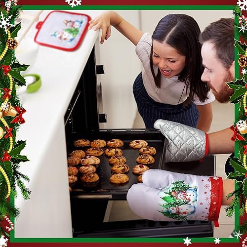 Miniatura 5 de Tioncy Juego de 10 guantes de horno de Navidad y soportes para ollas para árbol de Navidad, almohadillas calientes de cocina, toallas de cocina de