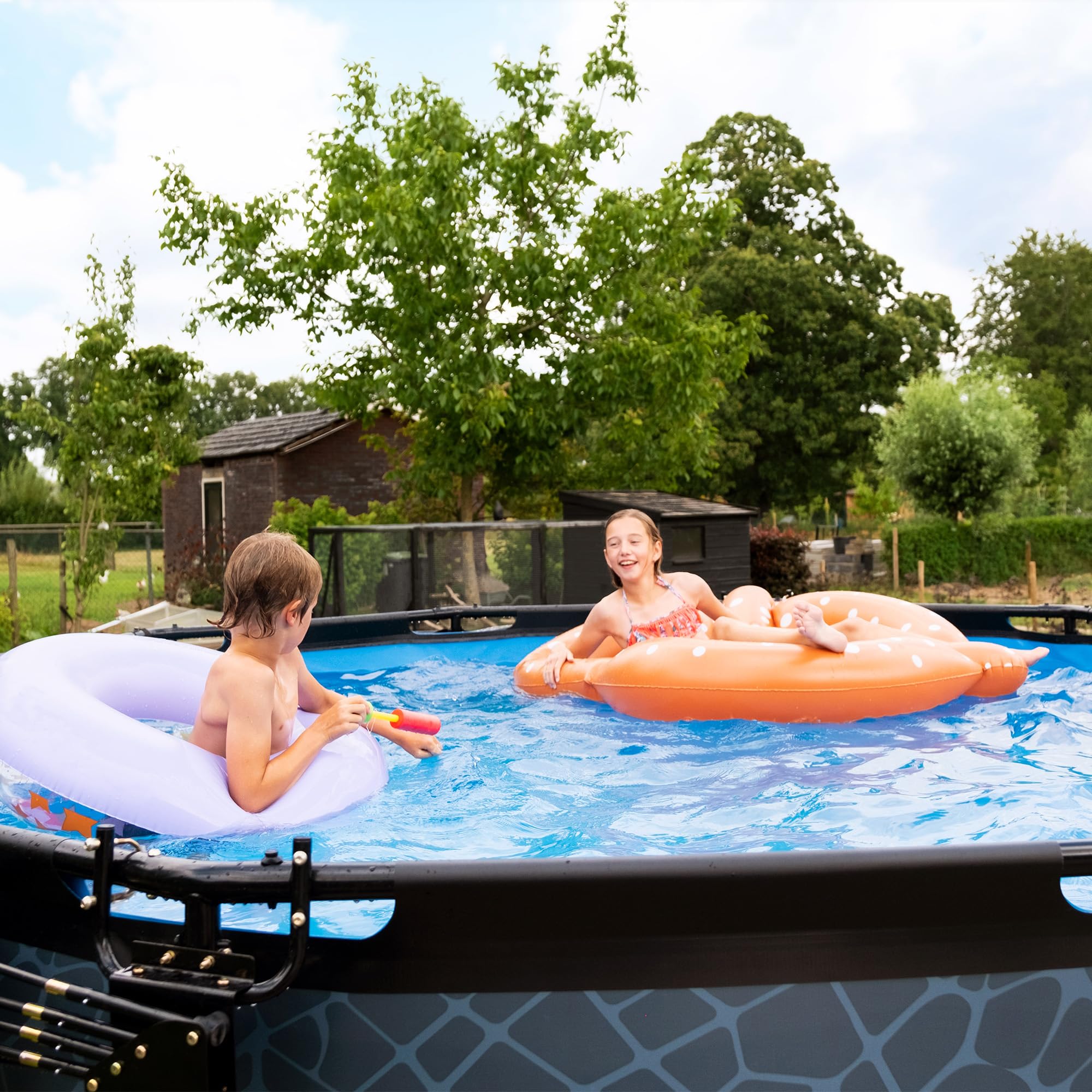 EXIT Toys Wood Pool - ø360x122cm - Großer, Runder Rahmenpool mit Kartuschenfilterpumpe - Extra tiefer Pool - Starker Rahmen - Inklusive Poolleiter - Einzigartiges Design - Braun
