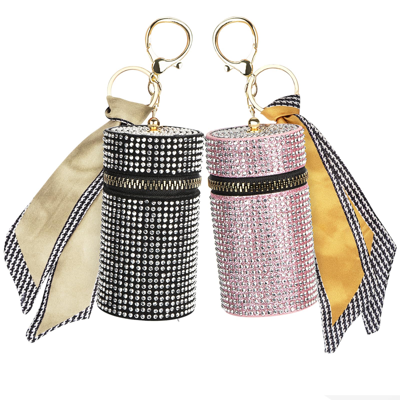 Adorila 2 Pack Lipstick Case Keychain, Leather Diamond Lip Gloss Holder, Travel Lipstick Organizer for Purse Perfume Fingernail Polish (Black & Pink)