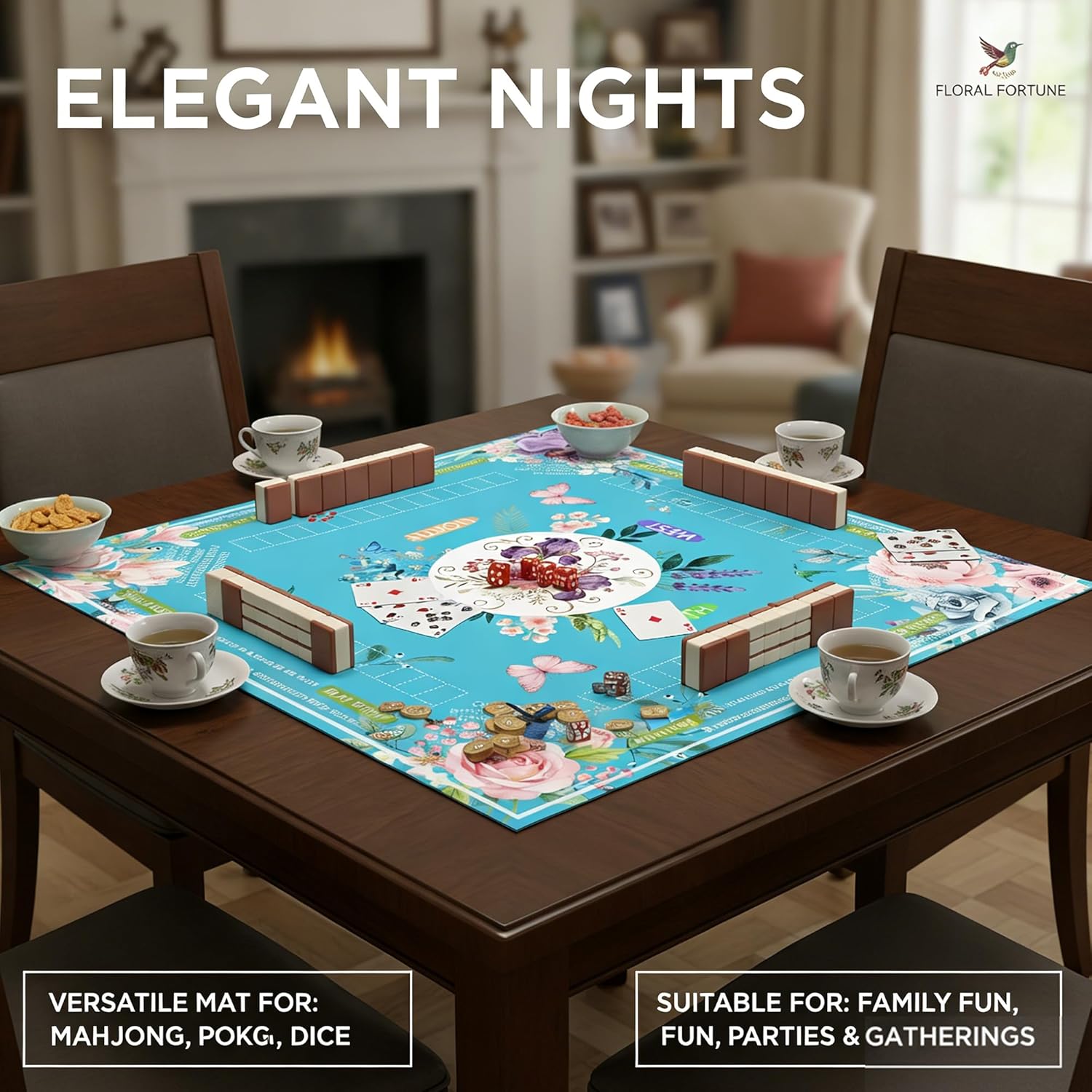 Mahjong Mat for Table with Flower Pattern, 31.5x31.5 Inch Mahjong Mats with Printed Rules and Storage Bag, Suitable for Family Gaming Activities (Blue)