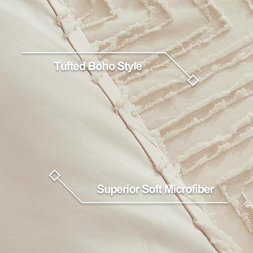 Miniatura 6 de Litanika Juego de edredón beige tamaño Queen, juego de edredón bohemio de 3 piezas de estilo rústico copetudo crema, juego de ropa de cama ligero y