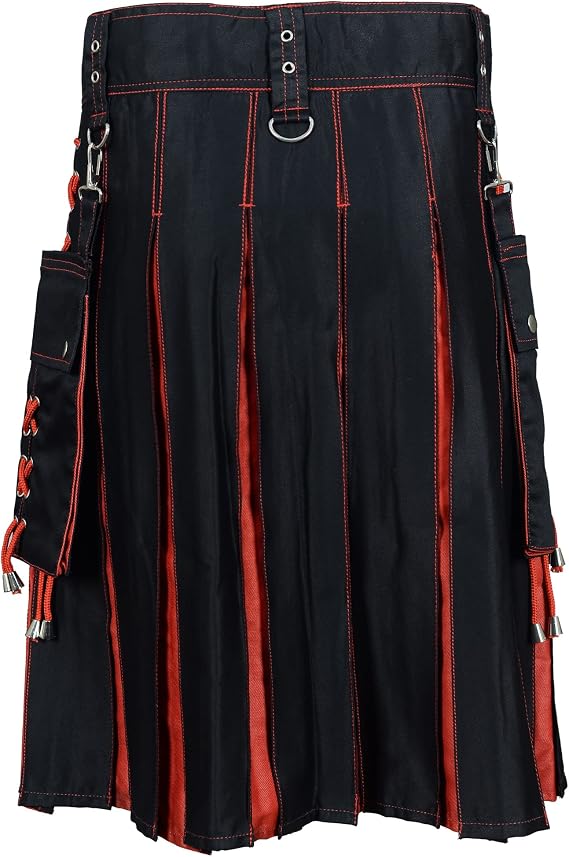 Fashion Utility Hybrid Kilt Black with Red Pleats Trendy Scottish Men Dress Highlander Sports Utility Kilt with Cargo Pockets