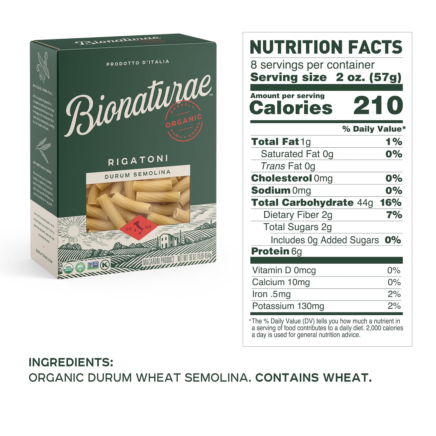 Bionaturae Rigatoni Pasta Noodles - Durum Semolina Pasta, Kosher, High Protein, Non-GMO Verified, USDA Certified, Durum Semolina Rigatoni, Rigatoni Pasta Organic, Crafted in Italy - 16 Oz, 3 Pack