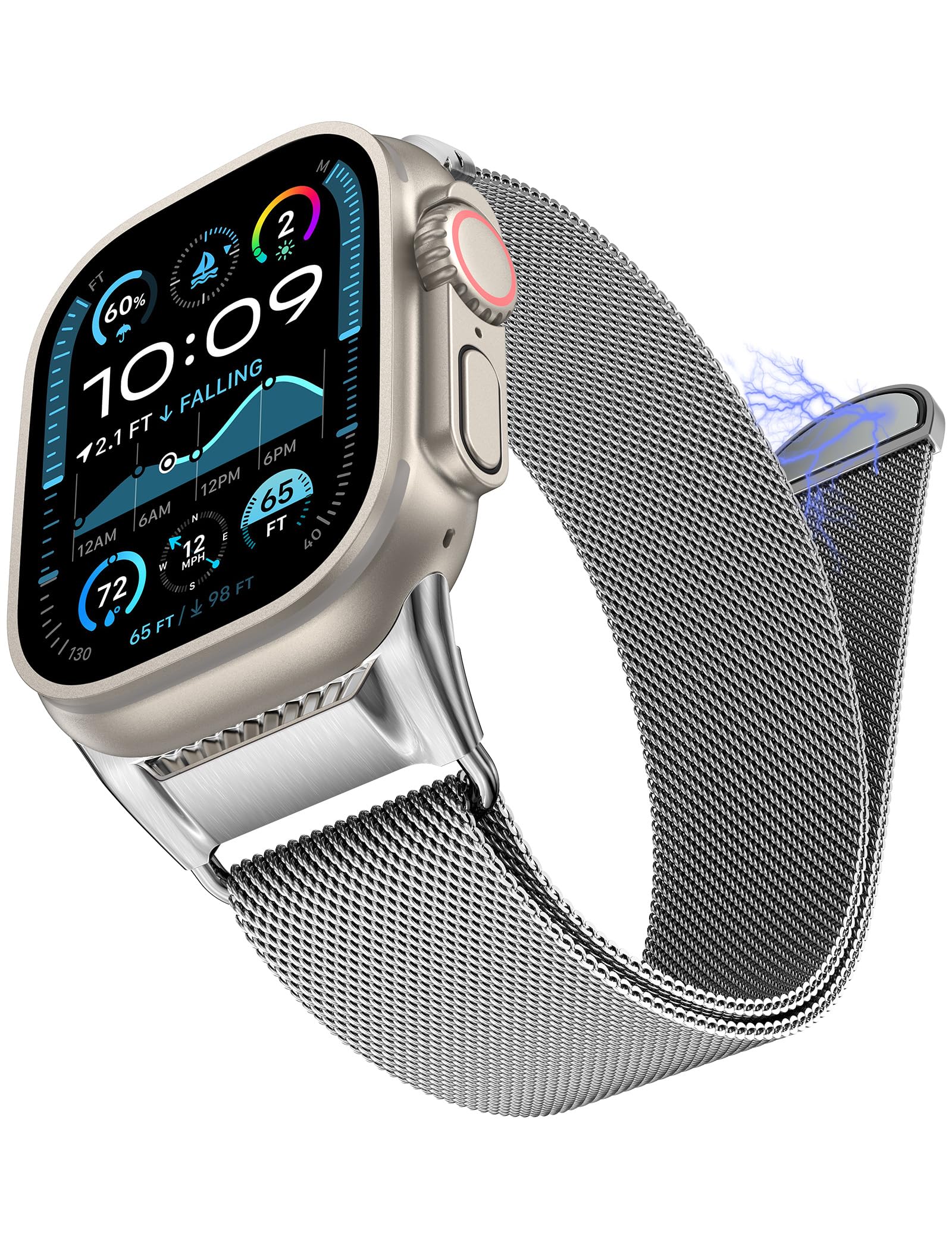 Crodi Milanese Mesh Loop Compatible with Apple Watch Band Ultra 2/1 49mm Series 10 46mm, Mechanical Design Metal Connector for iwatch Series 9/8/7 45mm, SE2/SE/Series 6/5/4 44mm, Series 3/2/1 42mm