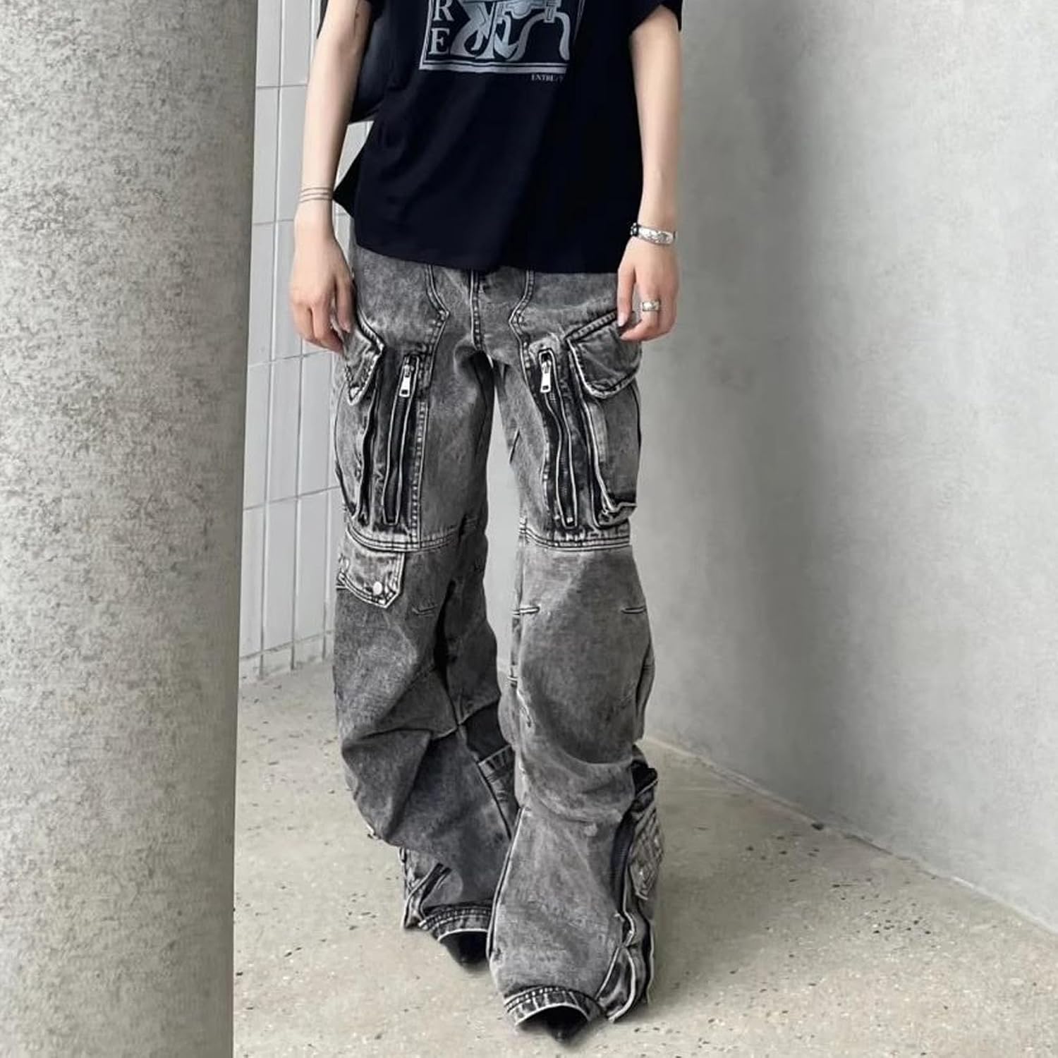 MEINVQIAOTI Retro Multiple Pockets Heavy Industry Women's Cargo Jeans Harajuku Emo Punk Grunge High Waisted Cargo Pants