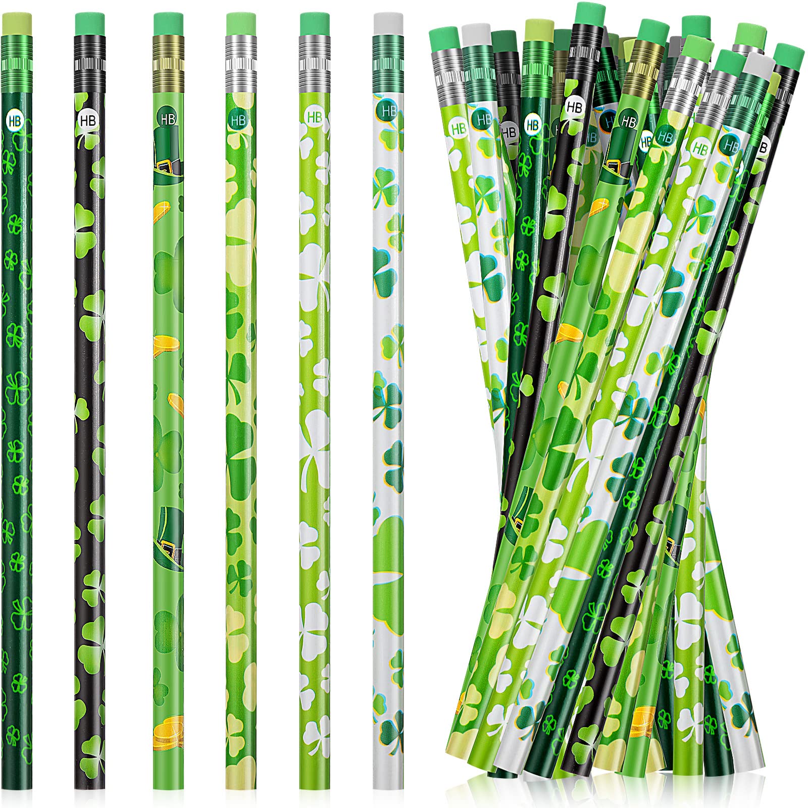 120 Pieces St Patrick's Day Pencils Wood Shamrock Pencils Lucky Shamrock School Pencils Cute Green Kindergarten Pencils for St Patrick's Day Party Kids Awards and Incentives Office School Supplies