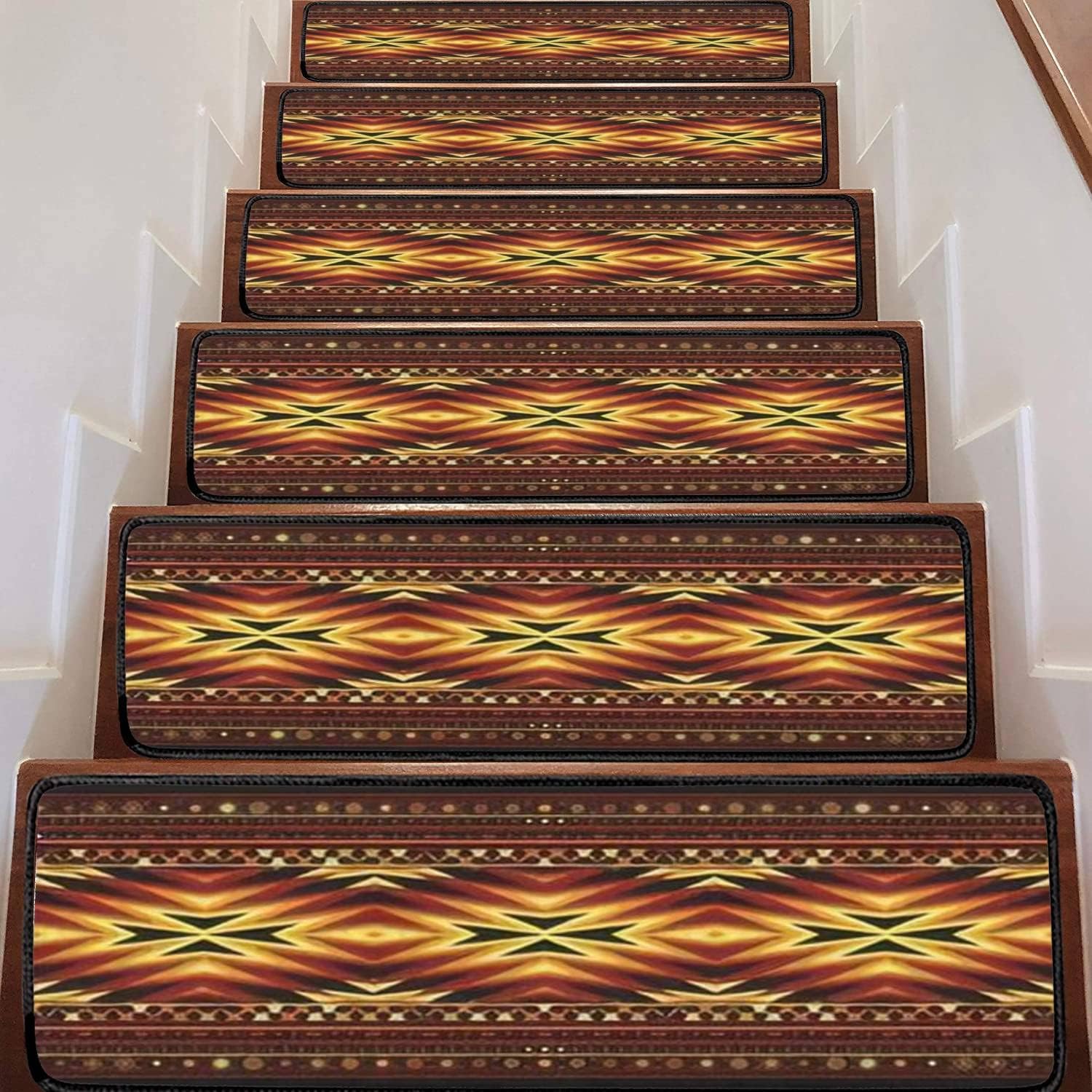 Stair Treads Carpet Runners for Wooden Steps Indoor Seamless Ethnic Design Geometric